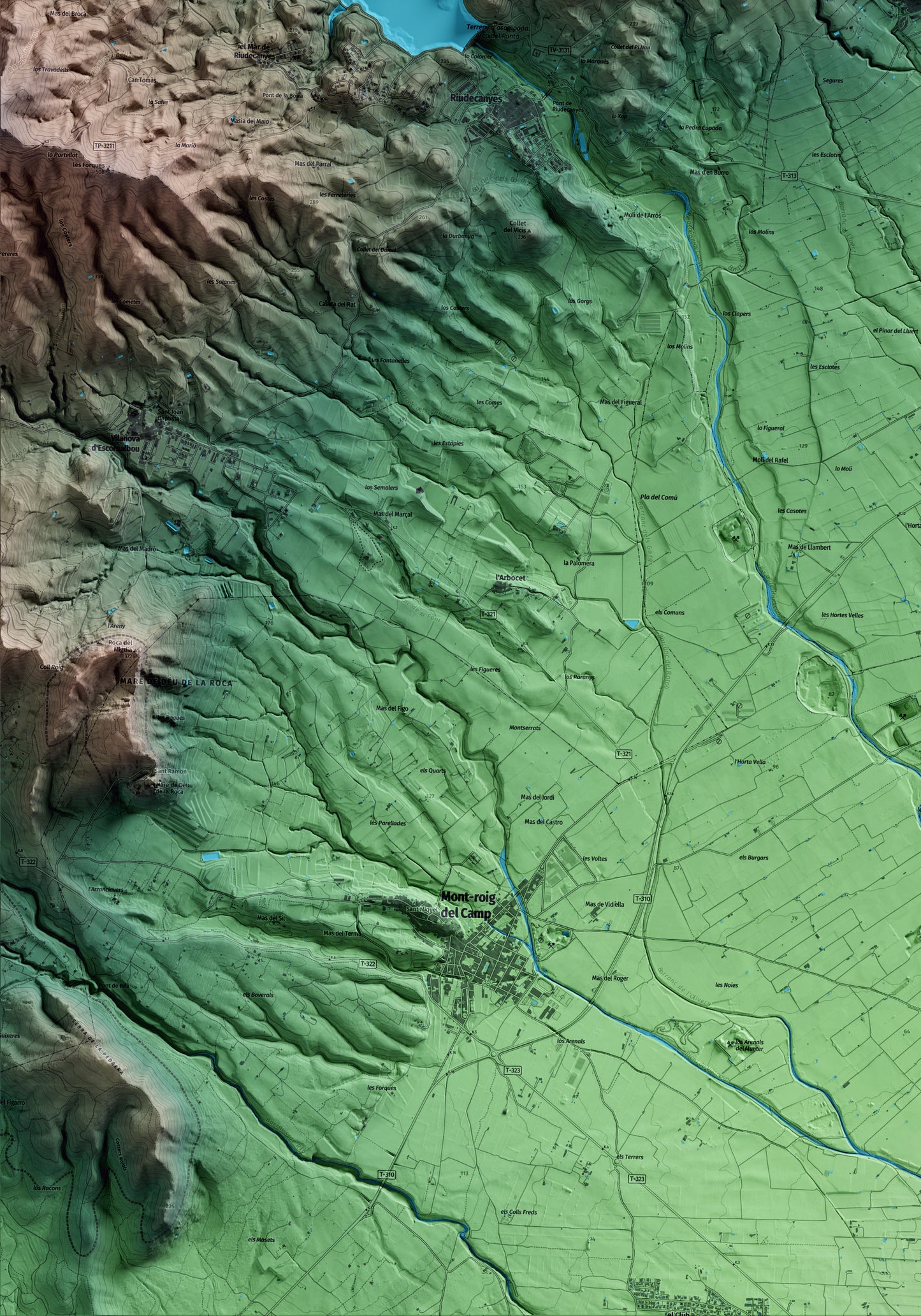 Mapa artístico del relieve de Botarell, al Baix Camp, con 15 km de entorno y base topográfica ICGC. Detalle de la zona inferior izquierda.
