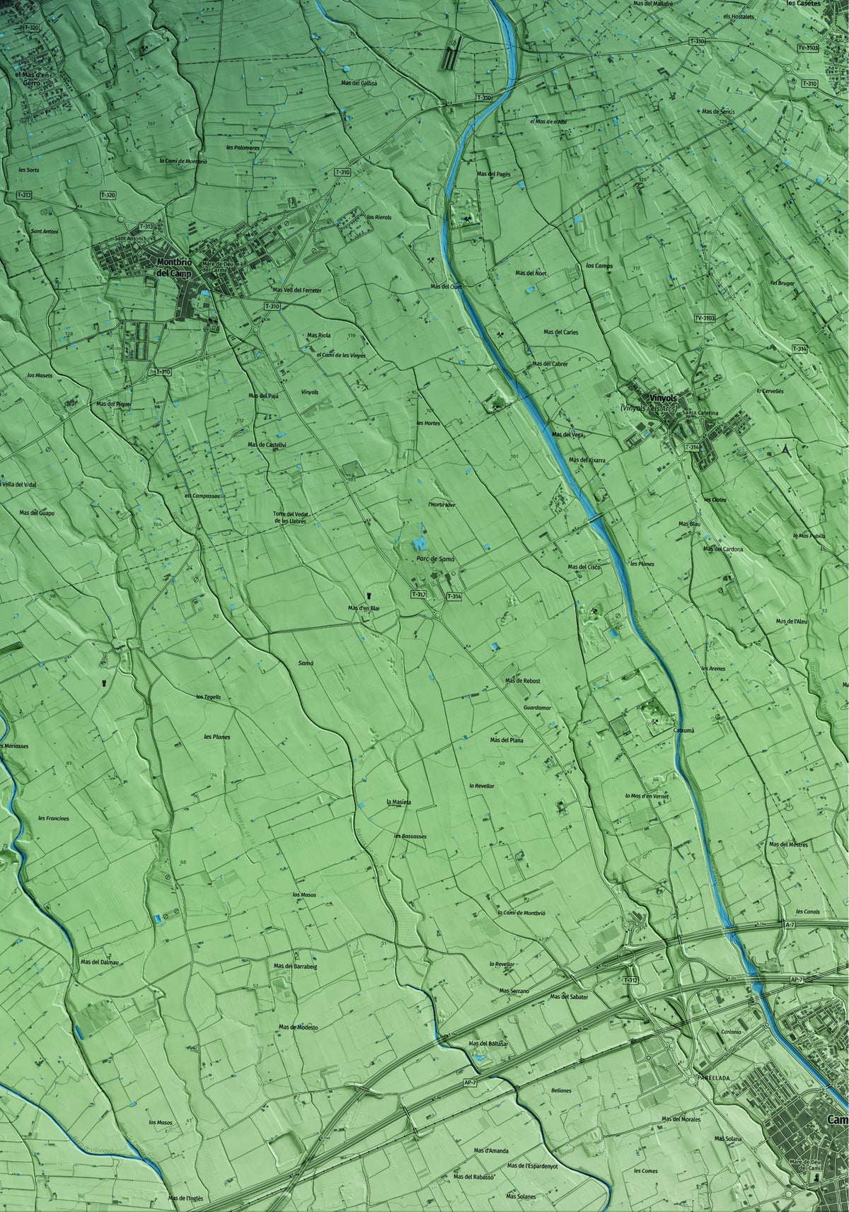 Mapa artístico del relieve de Botarell, al Baix Camp, con 15 km de entorno y base topográfica ICGC. Detalle de la zona inferior derecha.