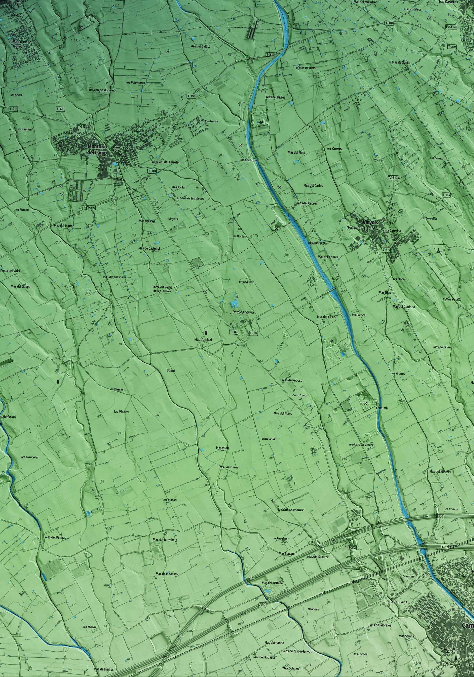Mapa artístico del relieve de Botarell, al Baix Camp, con 15 km de entorno y base topográfica ICGC. Detalle de la zona inferior derecha.