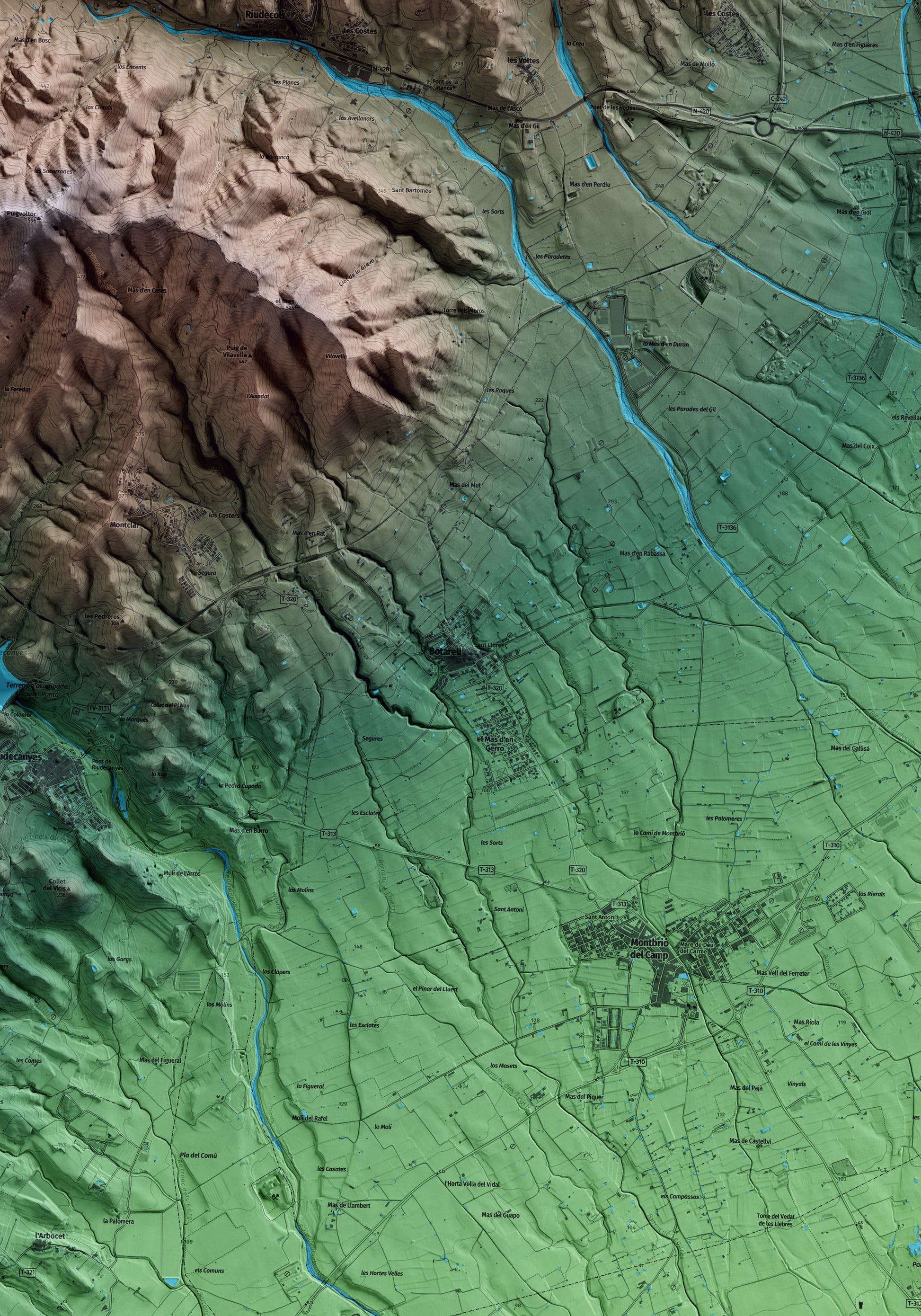 Mapa artístico del relieve de Botarell, al Baix Camp, con 15 km de entorno y base topográfica ICGC. Detalle de la zona central.