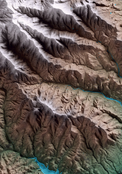Mapa artístico del relieve de Botarell, al Baix Camp, con 15 km de entorno y base topográfica ICGC. Detalle de la zona superior izquierda.