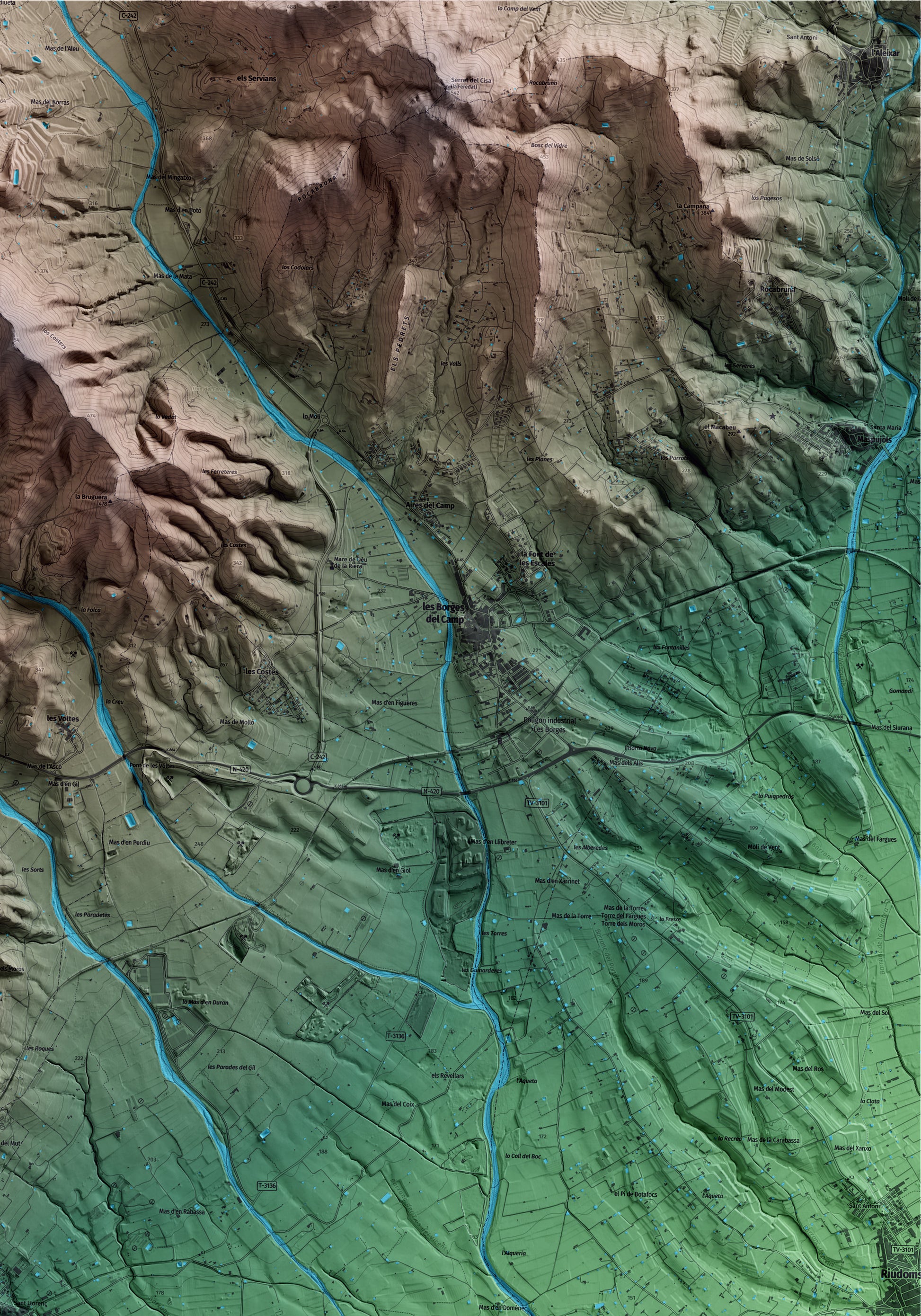Mapa artístico del relieve de Botarell, al Baix Camp, con 15 km de entorno y base topográfica ICGC. Detalle de la zona superior derecha.