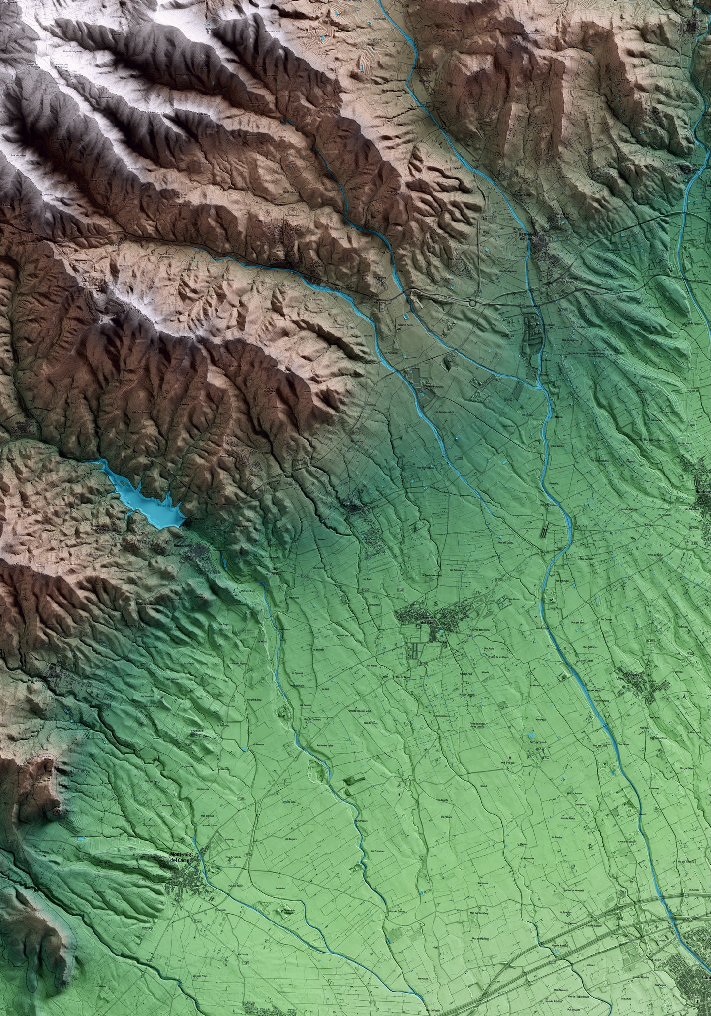Mapa artístico del relieve de Botarell, al Baix Camp, con 15 km de entorno y base topográfica ICGC