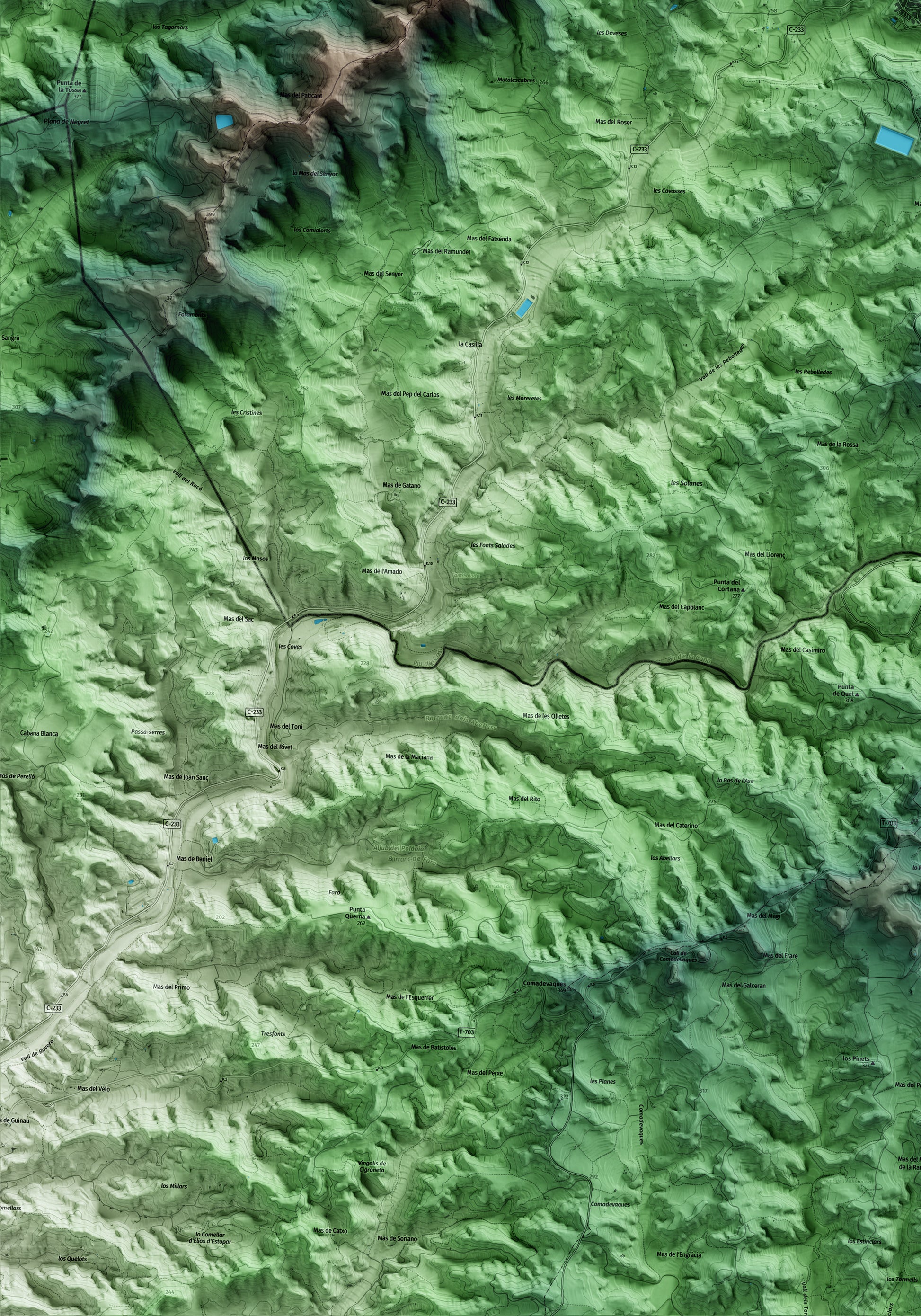 Mapa artístico del relieve de Bovera, a las Garrigues, con 15 km de entorno y base topográfica ICGC. Detalle de la zona inferior izquierda.
