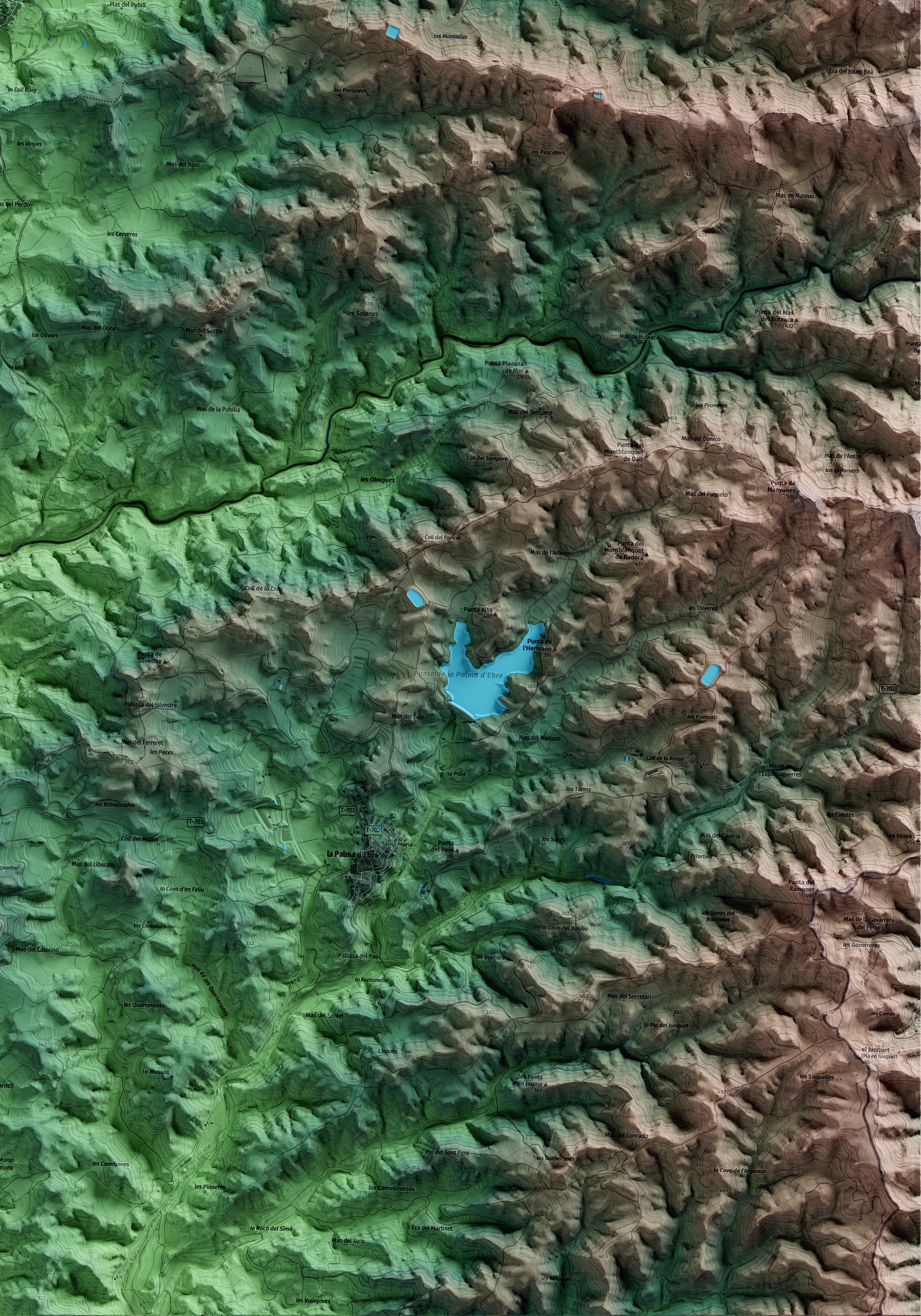 Mapa artístico del relieve de Bovera, a las Garrigues, con 15 km de entorno y base topográfica ICGC. Detalle de la zona inferior derecha.