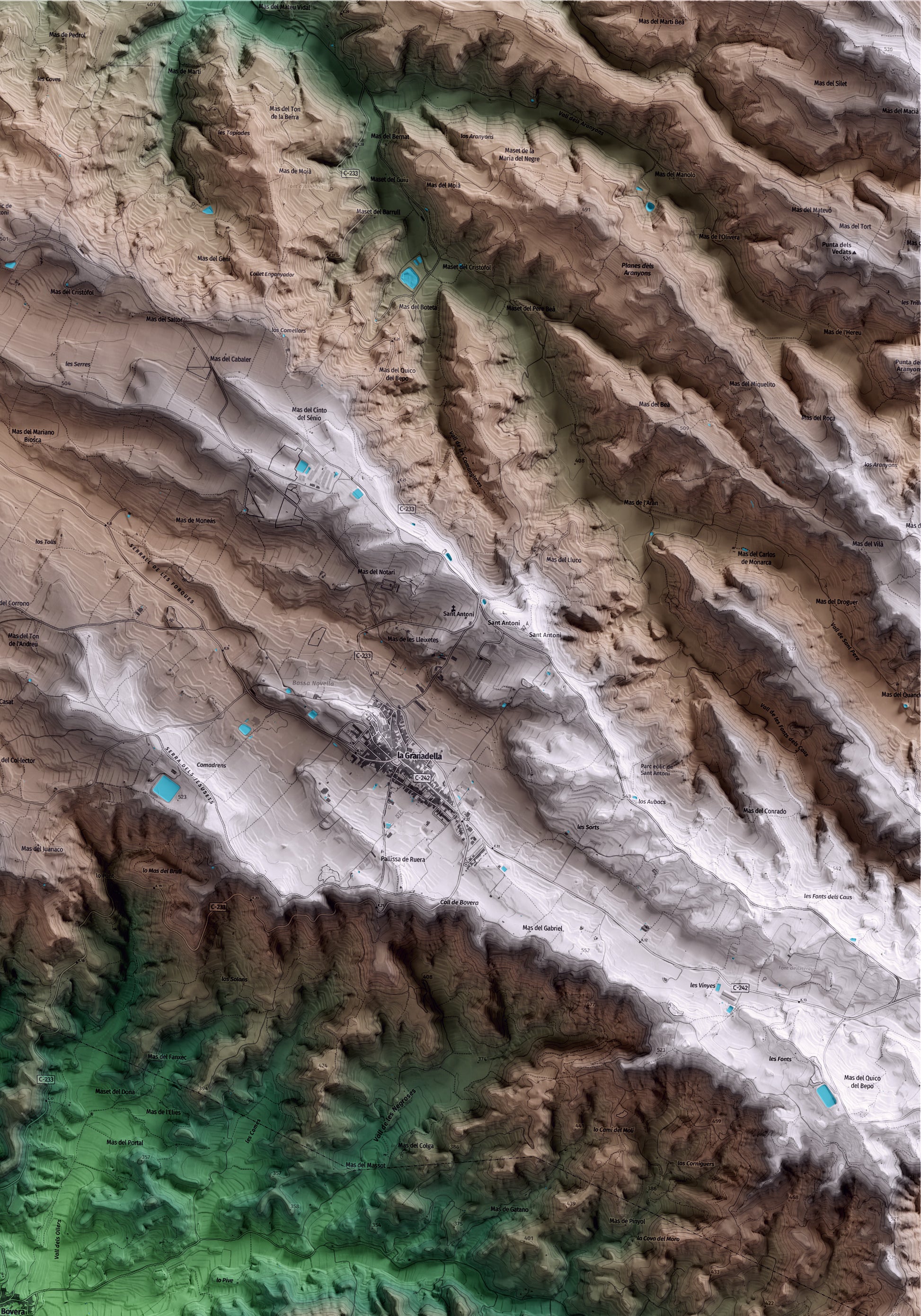 Mapa artístico del relieve de Bovera, a las Garrigues, con 15 km de entorno y base topográfica ICGC. Detalle de la zona superior derecha.