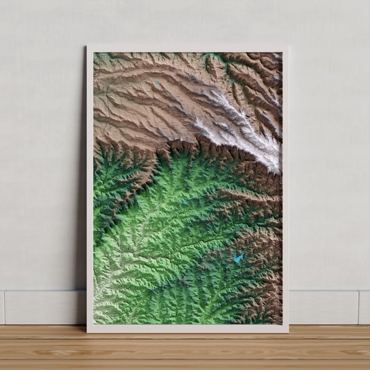 Mapa artístico del relieve de Bovera, a las Garrigues, con 15 km de entorno y base topográfica ICGC. Presentación enmarcada.