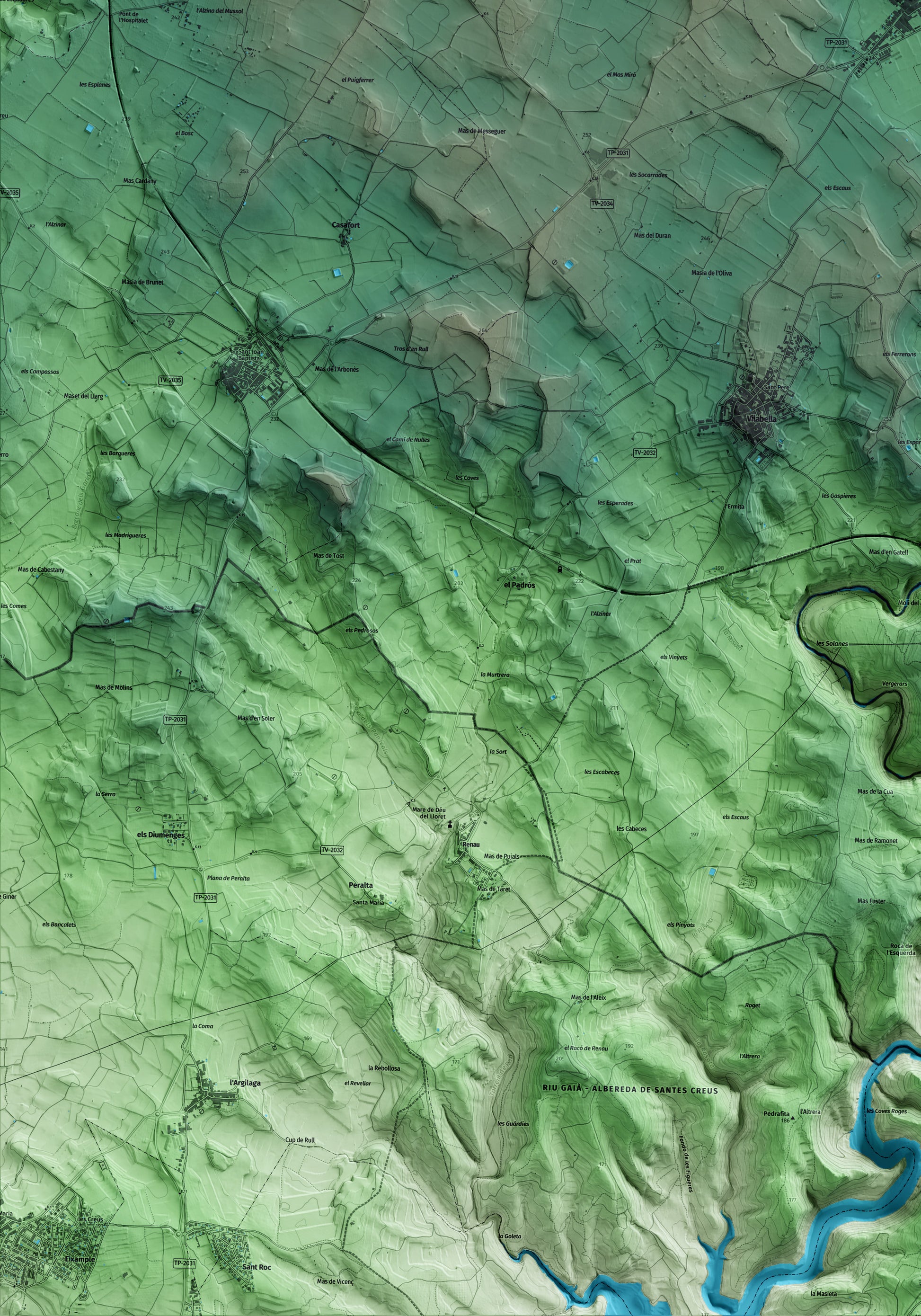 Mapa artístico del relieve de Bràfim, al Alt Camp, con 15 km de entorno y base topográfica ICGC. Detalle de la zona inferior izquierda.