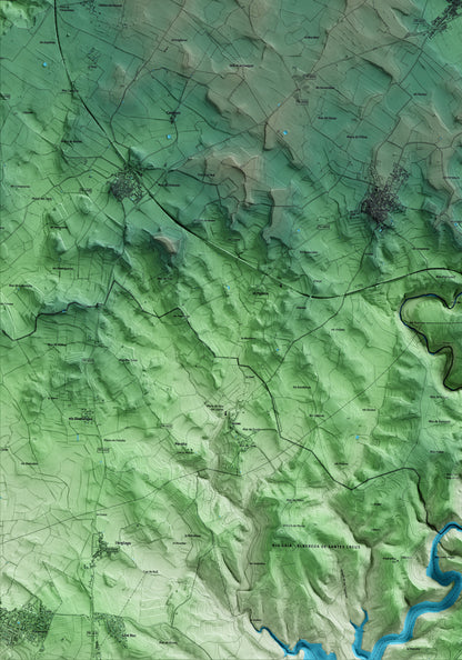 Mapa artístico del relieve de Bràfim, al Alt Camp, con 15 km de entorno y base topográfica ICGC. Detalle de la zona inferior izquierda.