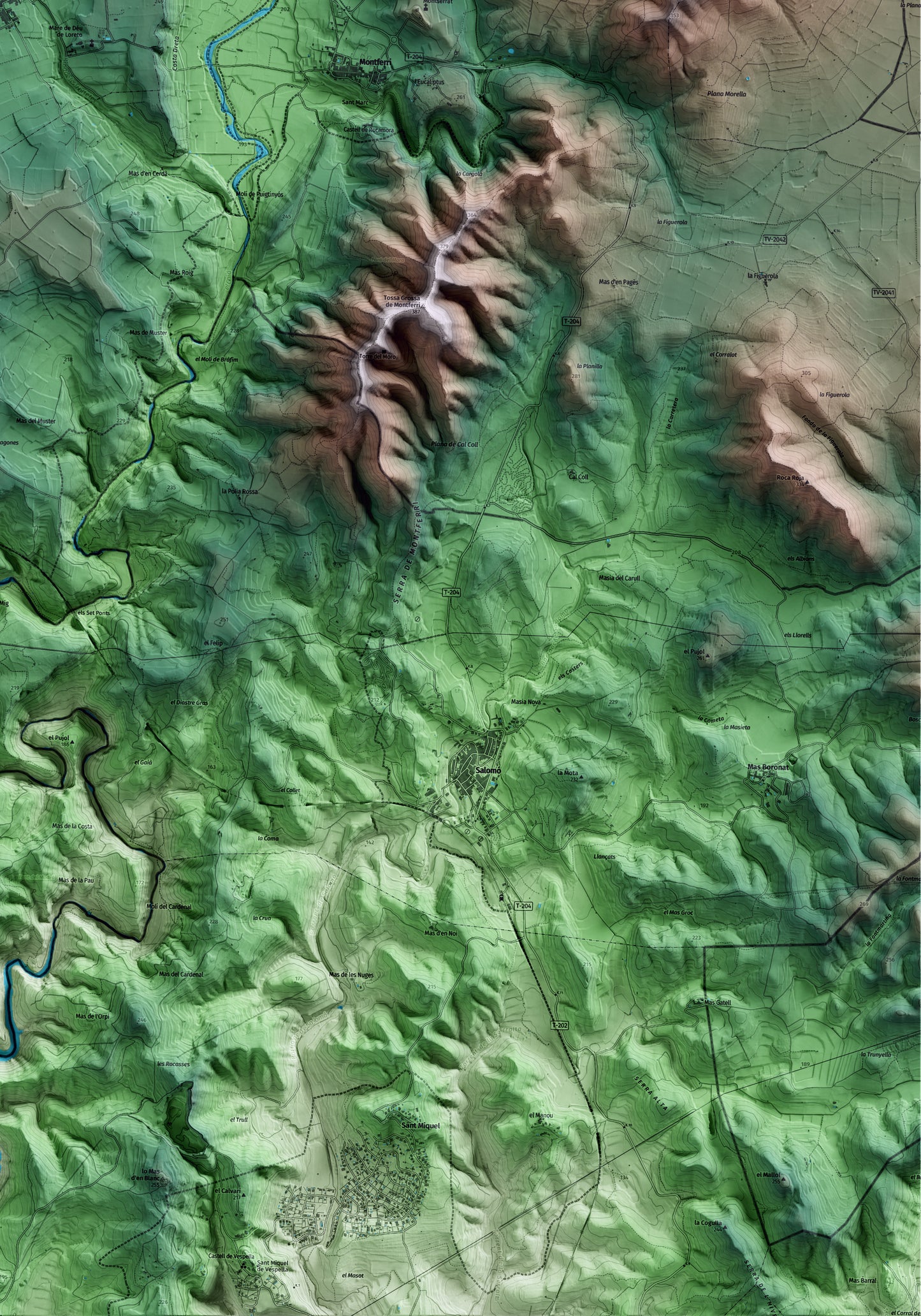 Mapa artístico del relieve de Bràfim, al Alt Camp, con 15 km de entorno y base topográfica ICGC. Detalle de la zona inferior derecha.