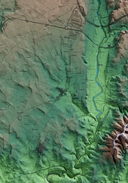 Mapa artístico del relieve de Bràfim, al Alt Camp, con 15 km de entorno y base topográfica ICGC. Detalle de la zona central.