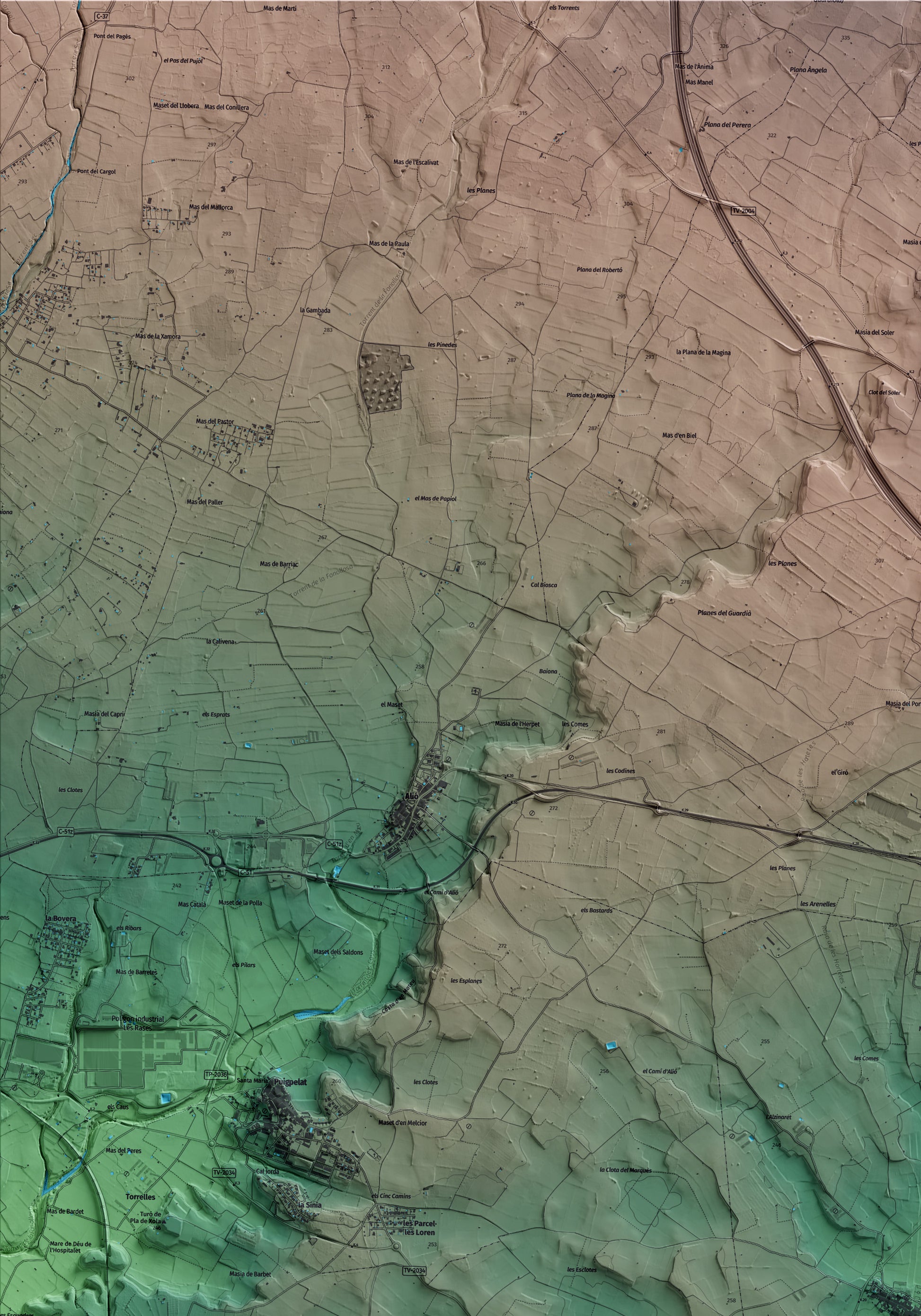 Mapa artístico del relieve de Bràfim, al Alt Camp, con 15 km de entorno y base topográfica ICGC. Detalle de la zona superior izquierda.