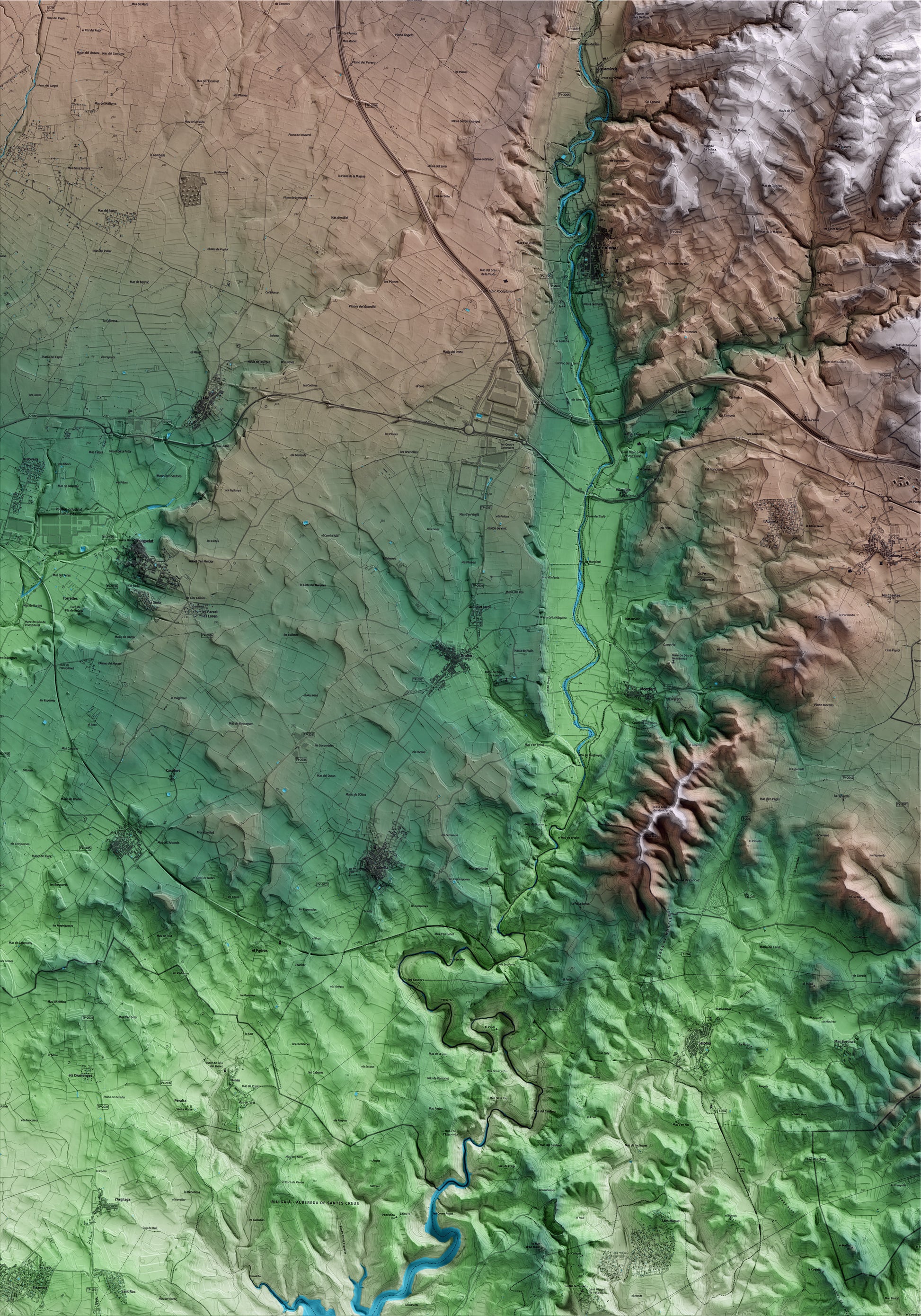 Mapa artístico del relieve de Bràfim, al Alt Camp, con 15 km de entorno y base topográfica ICGC
