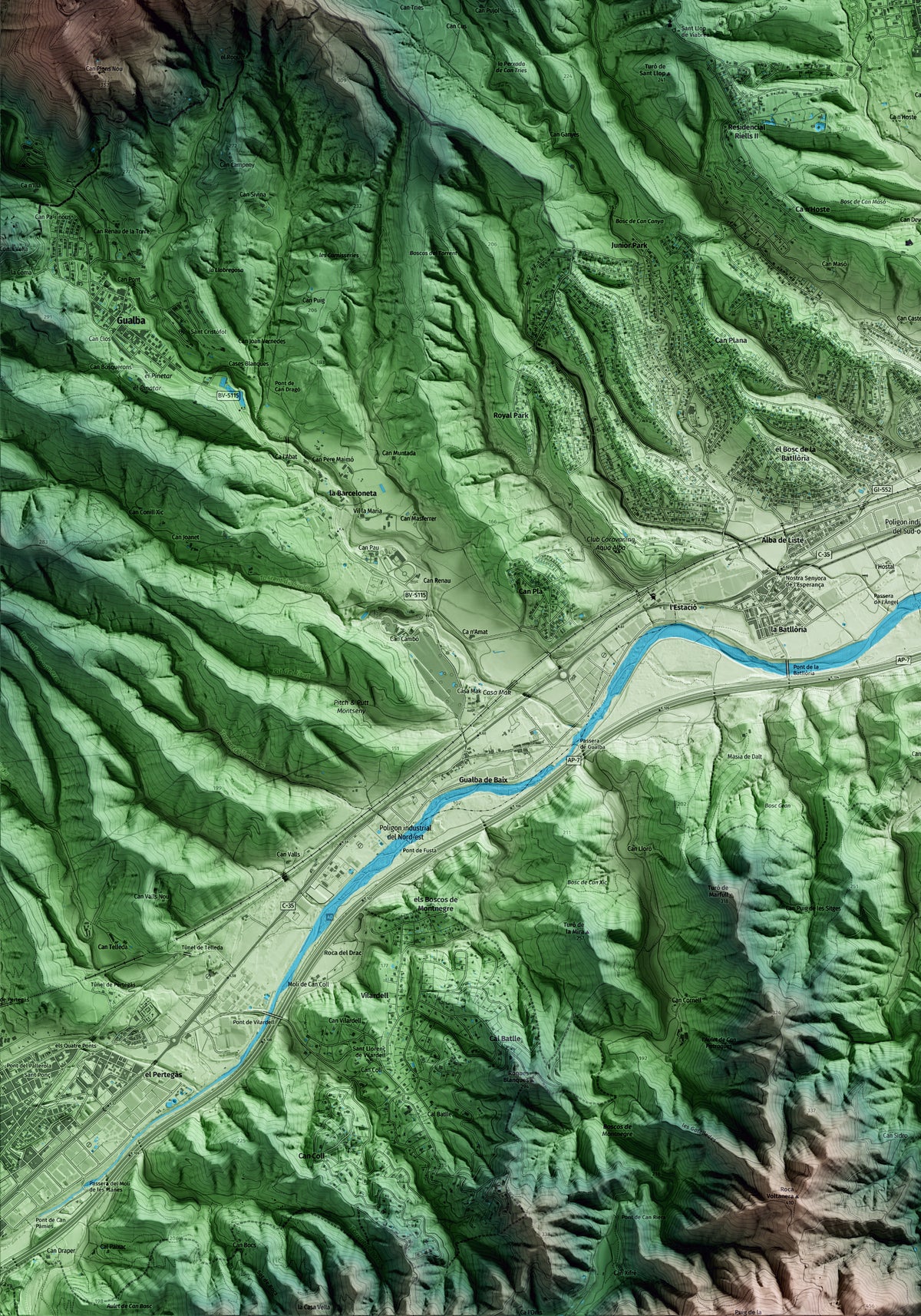 Mapa artístico del relieve de Breda, a la Selva, con 15 km de entorno y base topográfica ICGC. Detalle de la zona inferior izquierda.