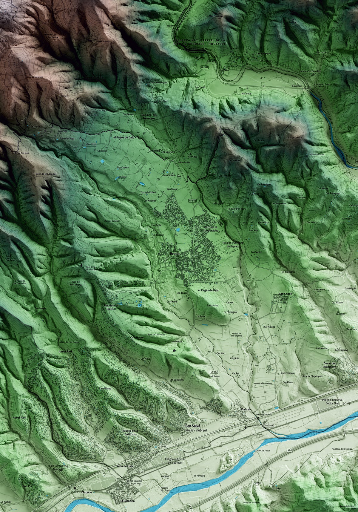 Mapa artístico del relieve de Breda, a la Selva, con 15 km de entorno y base topográfica ICGC. Detalle de la zona central.
