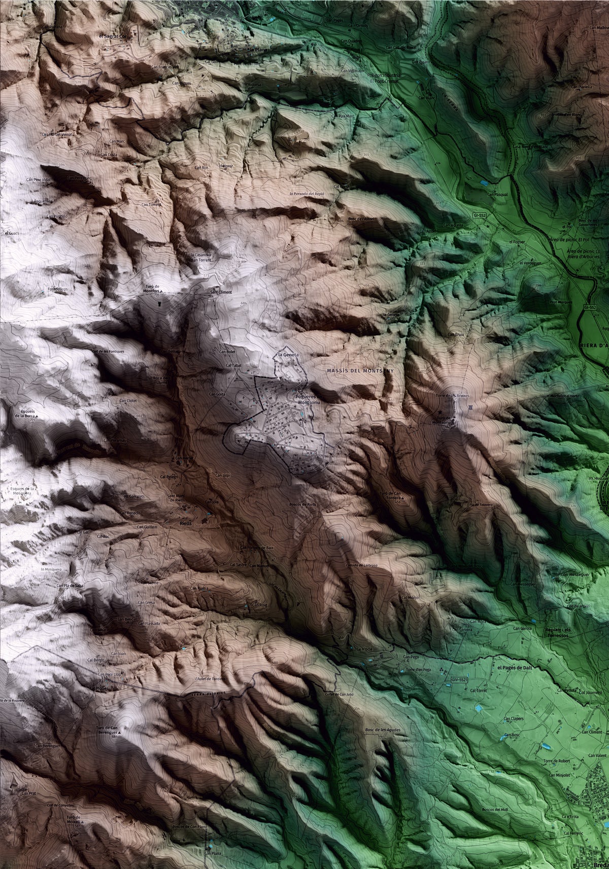 Mapa artístico del relieve de Breda, a la Selva, con 15 km de entorno y base topográfica ICGC. Detalle de la zona superior izquierda.