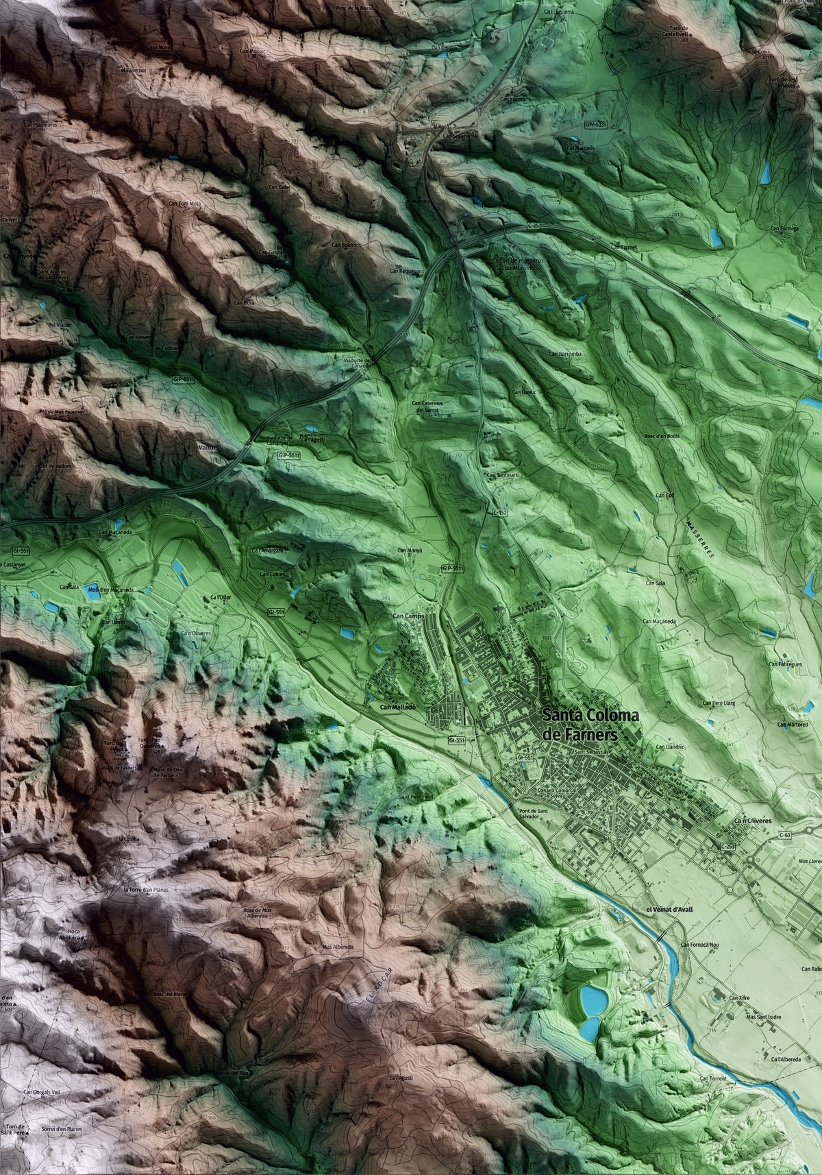 Mapa artístico del relieve de Brunyola i Sant Martí Sapresa, a la Selva, con 15 km de entorno y base topográfica ICGC. Detalle de la zona inferior izquierda.