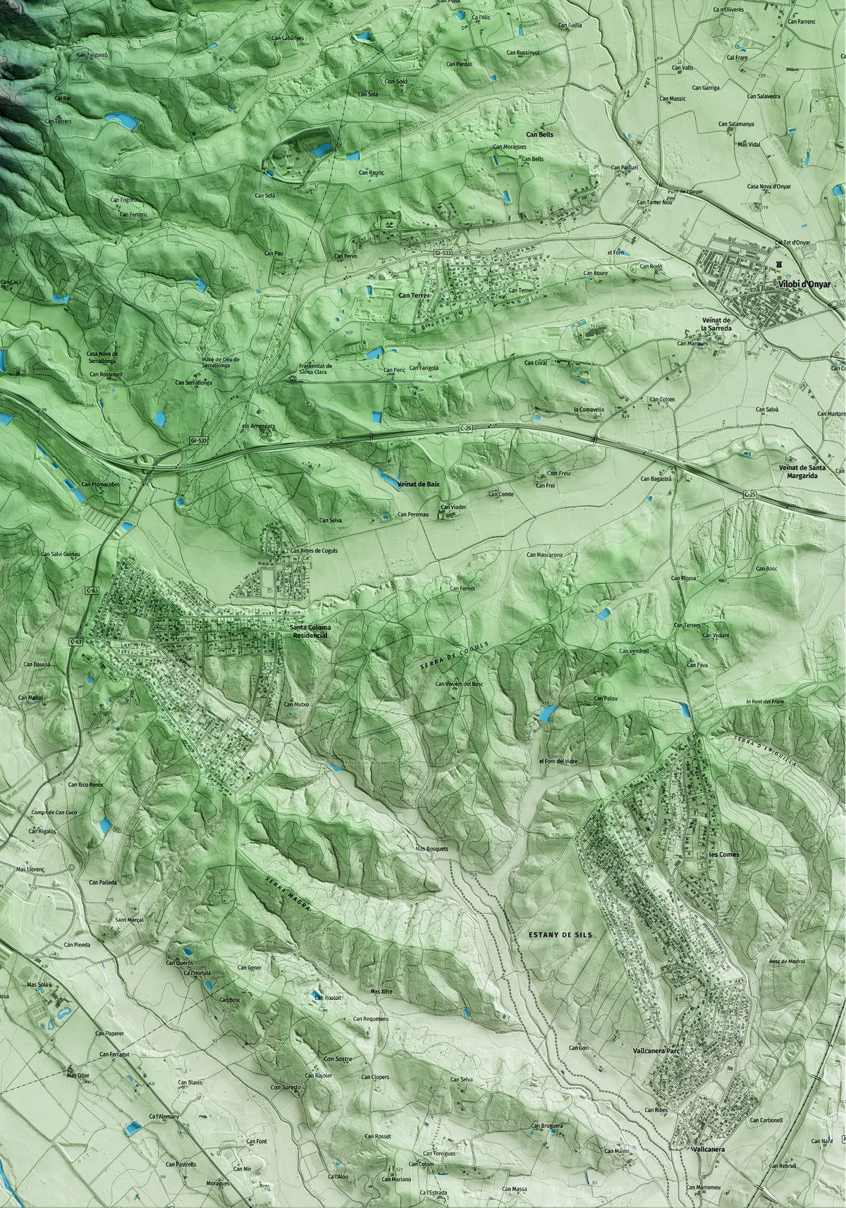 Mapa artístico del relieve de Brunyola i Sant Martí Sapresa, a la Selva, con 15 km de entorno y base topográfica ICGC. Detalle de la zona inferior derecha.