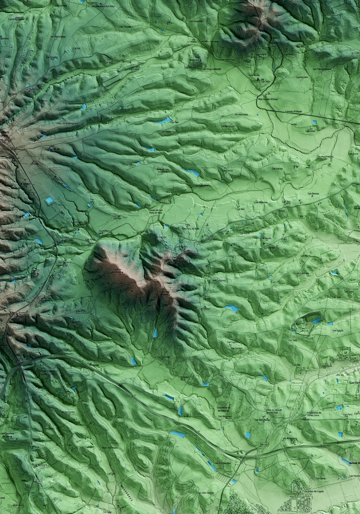 Mapa artístico del relieve de Brunyola i Sant Martí Sapresa, a la Selva, con 15 km de entorno y base topográfica ICGC. Detalle de la zona central.