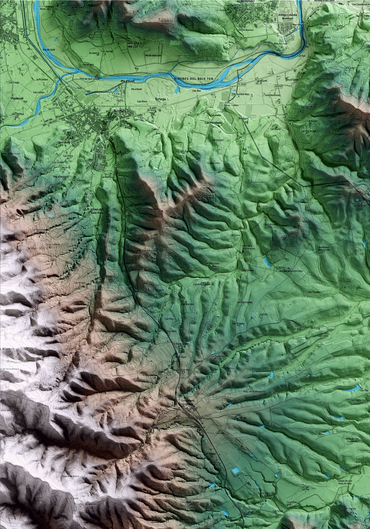 Mapa artístico del relieve de Brunyola i Sant Martí Sapresa, a la Selva, con 15 km de entorno y base topográfica ICGC. Detalle de la zona superior izquierda.