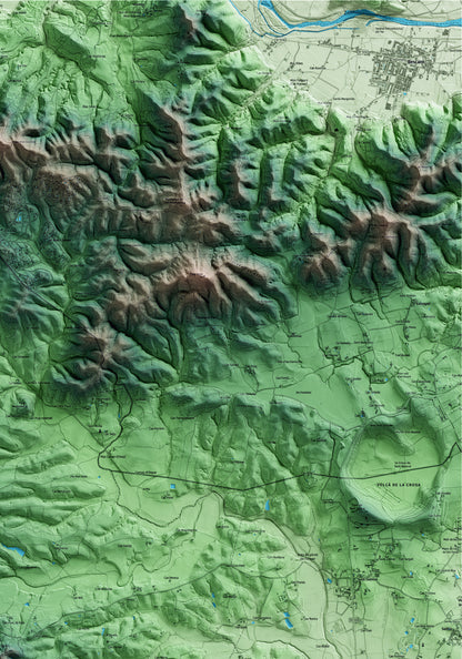 Mapa artístico del relieve de Brunyola i Sant Martí Sapresa, a la Selva, con 15 km de entorno y base topográfica ICGC. Detalle de la zona superior derecha.