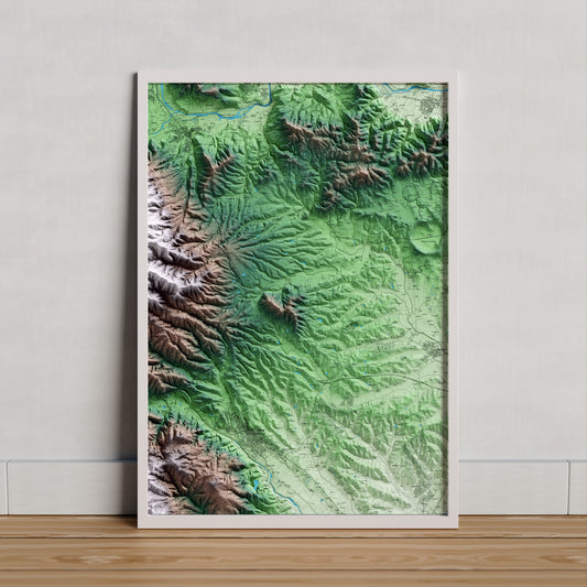 Mapa artístico del relieve de Brunyola i Sant Martí Sapresa, a la Selva, con 15 km de entorno y base topográfica ICGC. Presentación enmarcada.