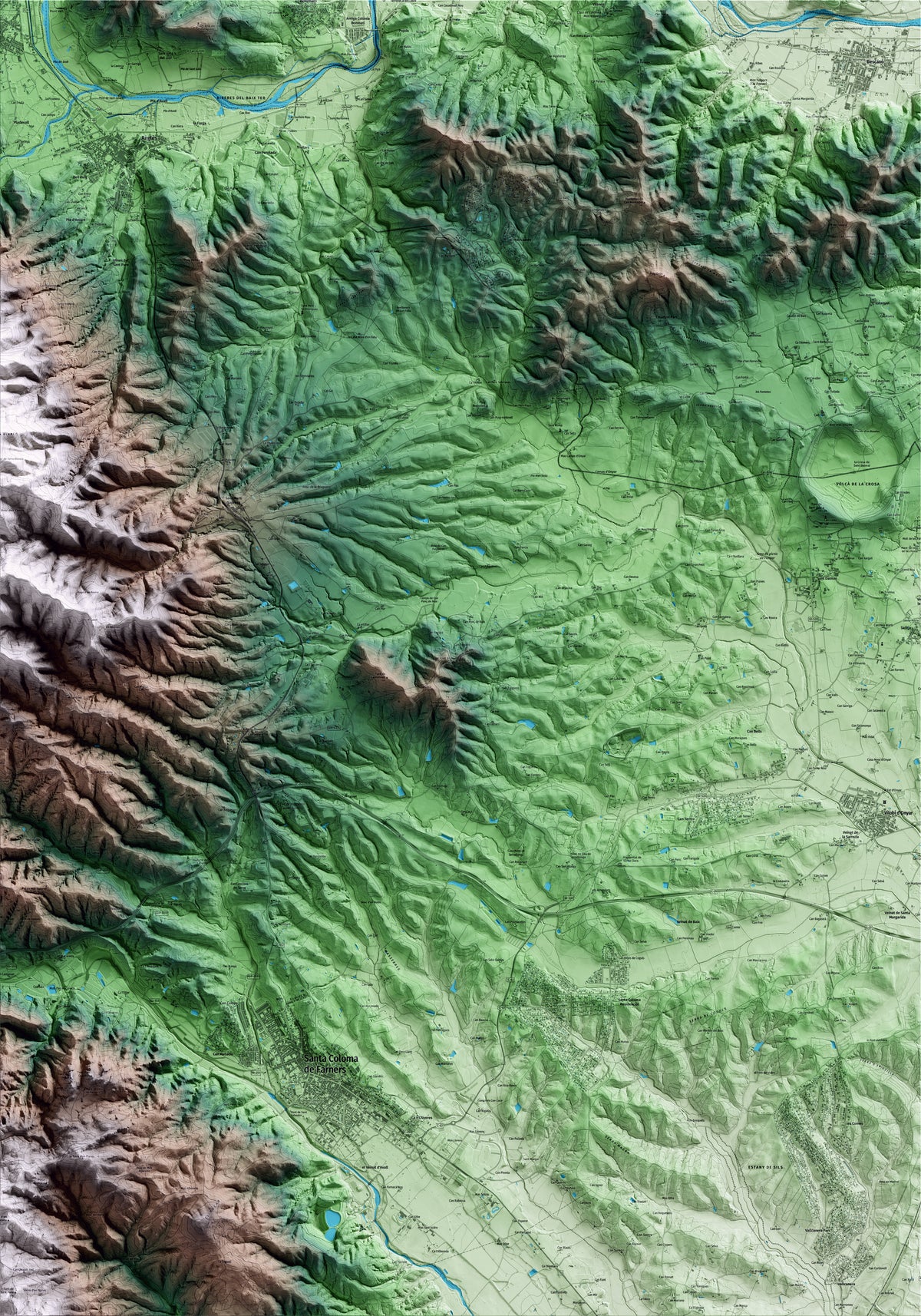 Mapa artístico del relieve de Brunyola i Sant Martí Sapresa, a la Selva, con 15 km de entorno y base topográfica ICGC