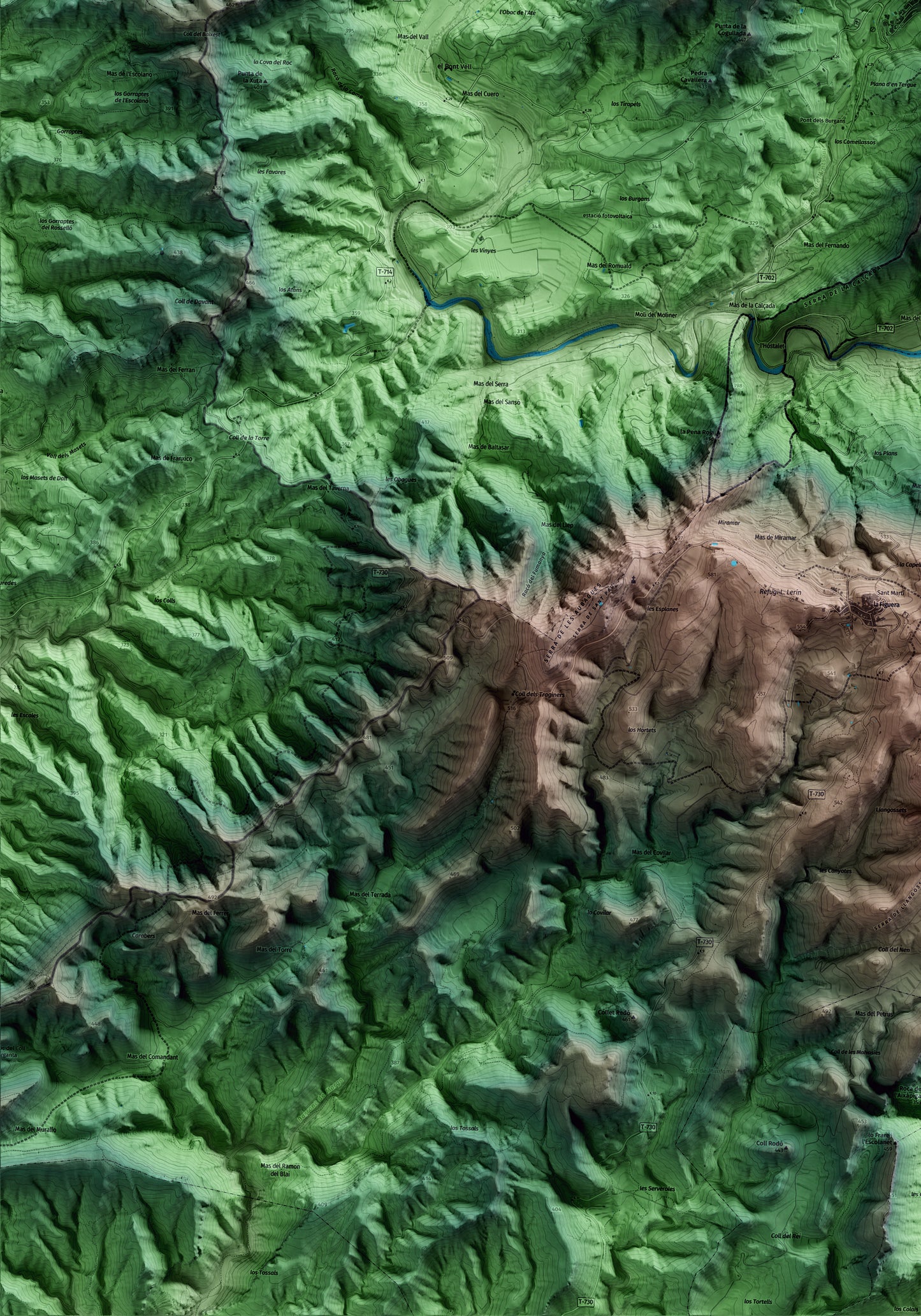 Mapa artístico del relieve de Cabacés, al Priorat, con 15 km de entorno y base topográfica ICGC. Detalle de la zona inferior izquierda.