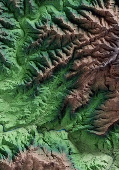 Mapa artístico del relieve de Cabacés, al Priorat, con 15 km de entorno y base topográfica ICGC. Detalle de la zona central.
