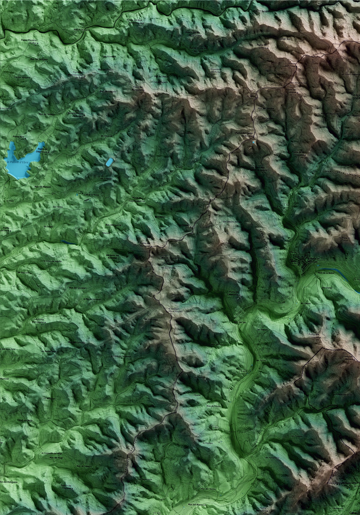 Mapa artístico del relieve de Cabacés, al Priorat, con 15 km de entorno y base topográfica ICGC. Detalle de la zona superior izquierda.