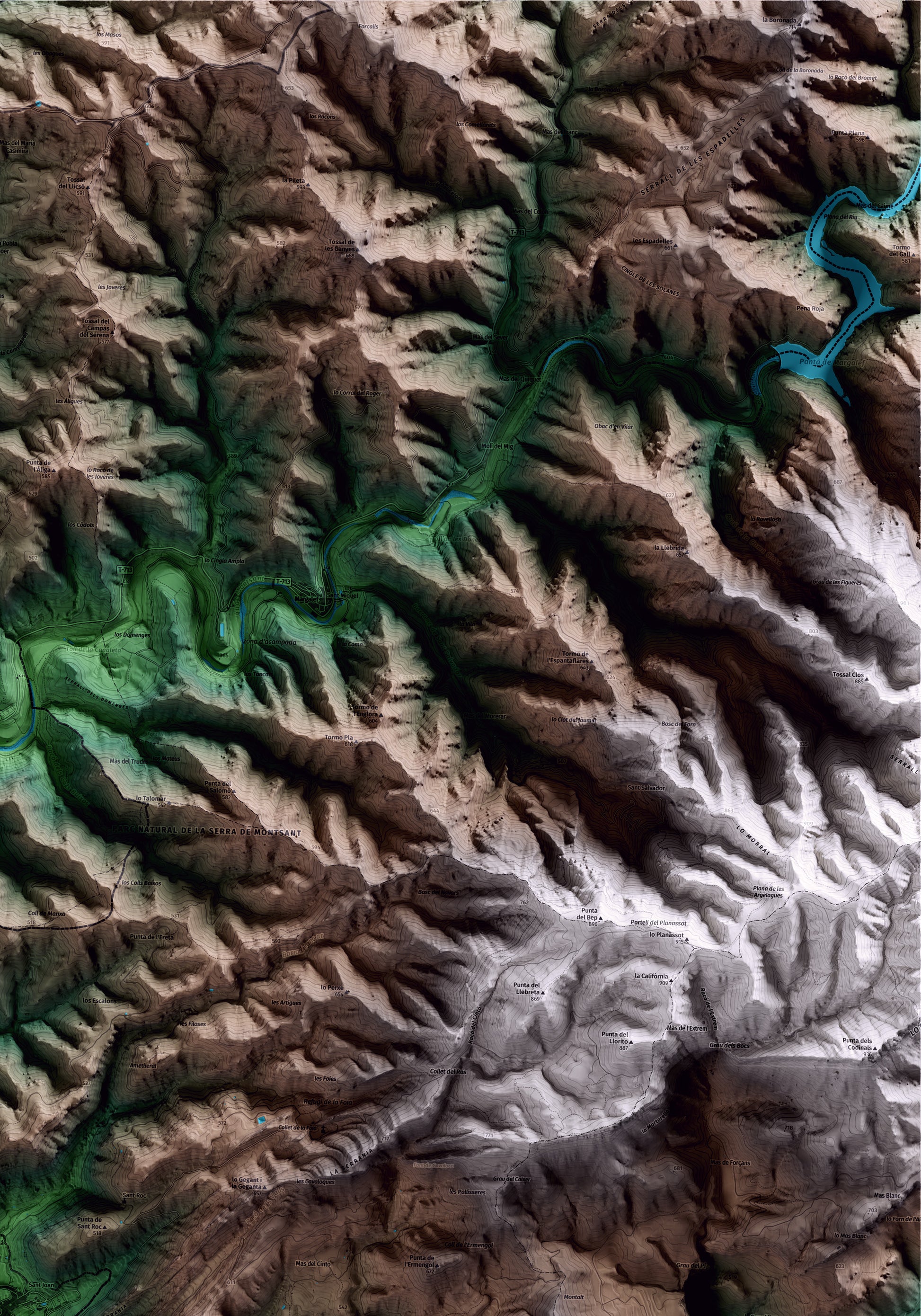 Mapa artístico del relieve de Cabacés, al Priorat, con 15 km de entorno y base topográfica ICGC. Detalle de la zona superior derecha.