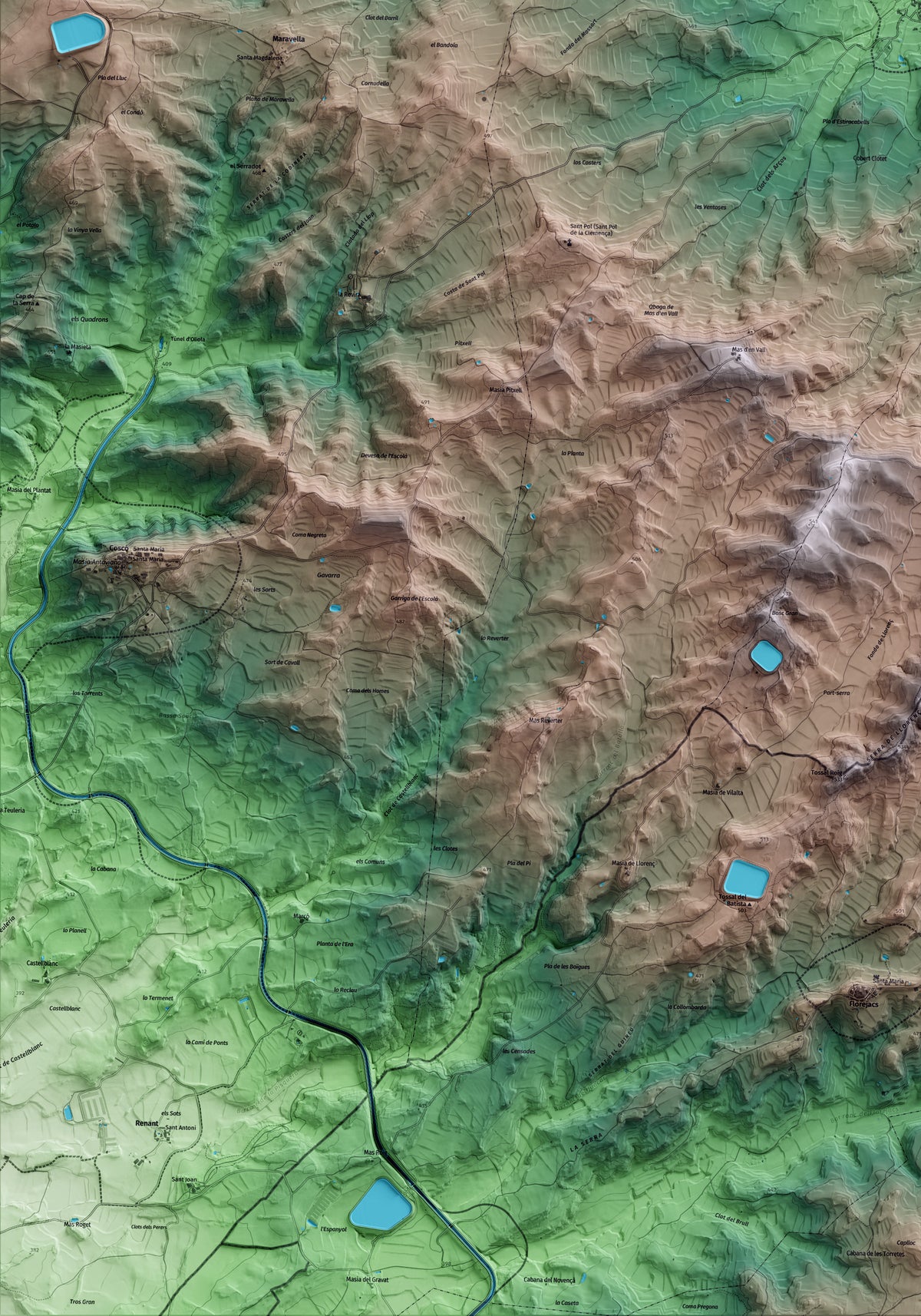 Mapa artístico del relieve de Cabanabona, a la Noguera, con 15 km de entorno y base topográfica ICGC. Detalle de la zona inferior izquierda.