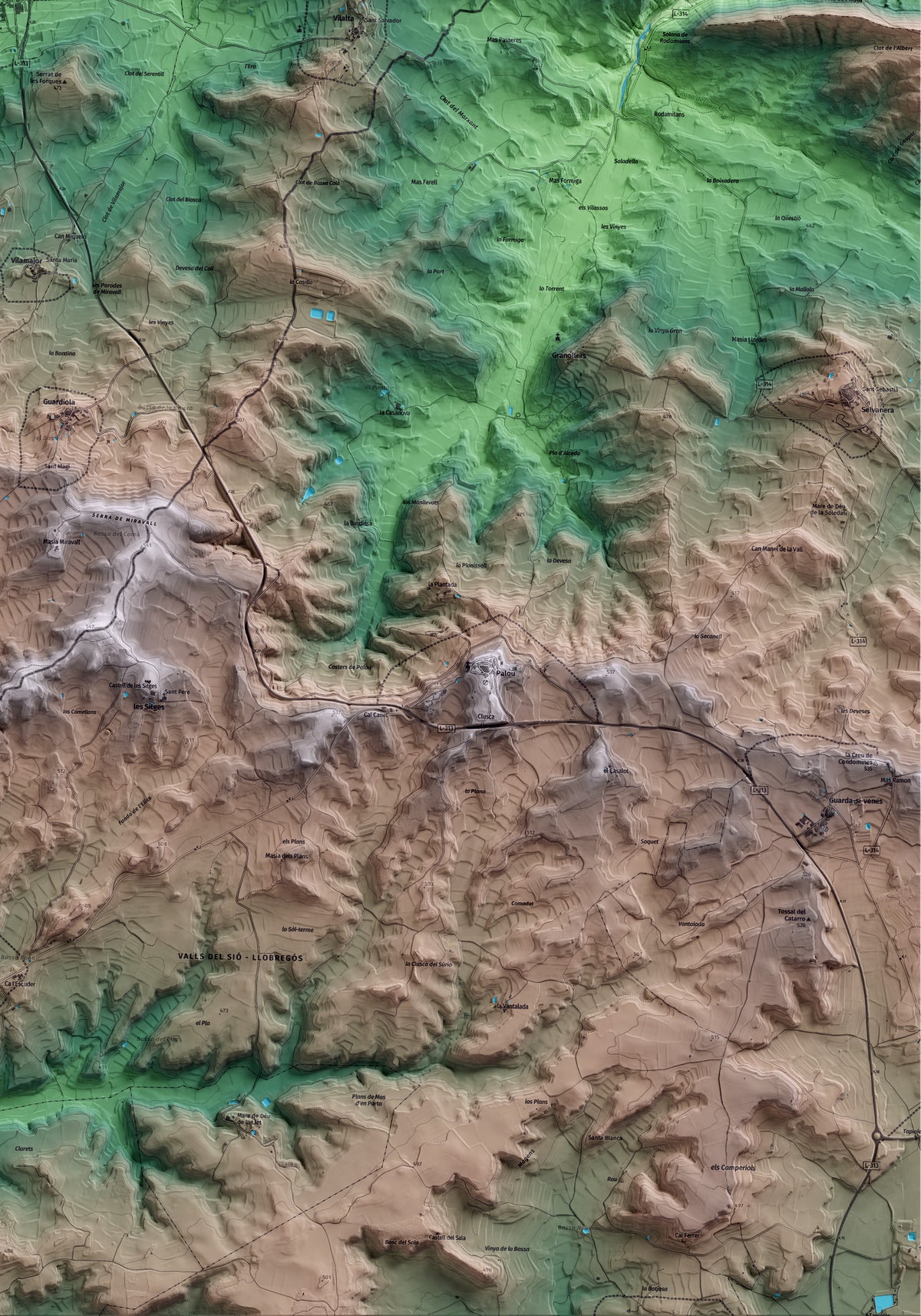 Mapa artístico del relieve de Cabanabona, a la Noguera, con 15 km de entorno y base topográfica ICGC. Detalle de la zona inferior derecha.