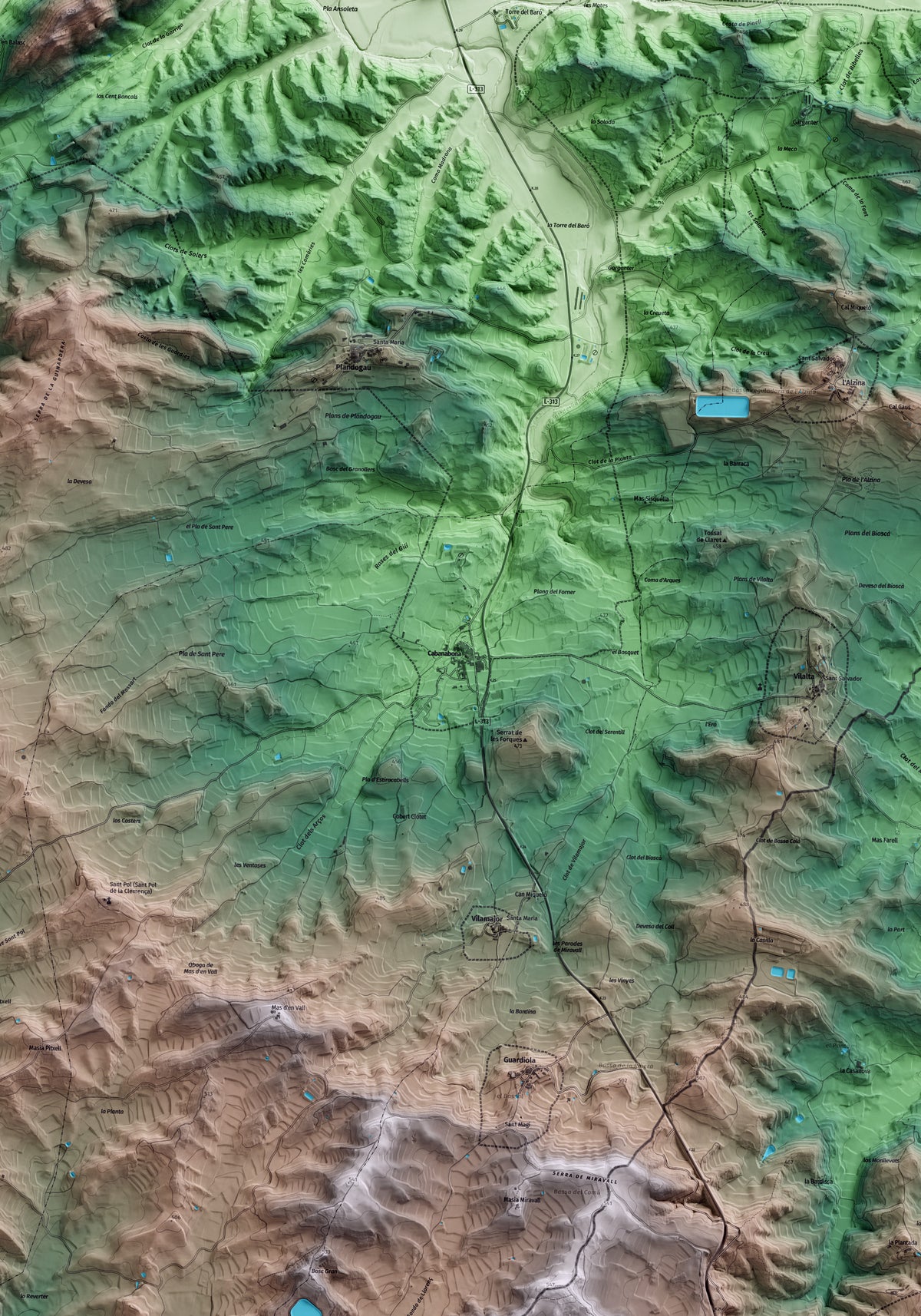 Mapa artístico del relieve de Cabanabona, a la Noguera, con 15 km de entorno y base topográfica ICGC. Detalle de la zona central.