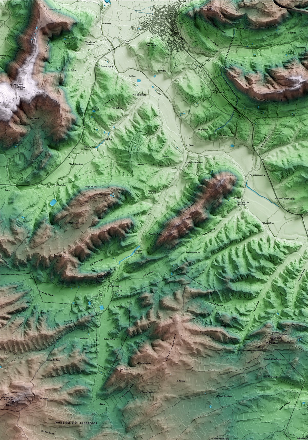 Mapa artístico del relieve de Cabanabona, a la Noguera, con 15 km de entorno y base topográfica ICGC. Detalle de la zona superior izquierda.