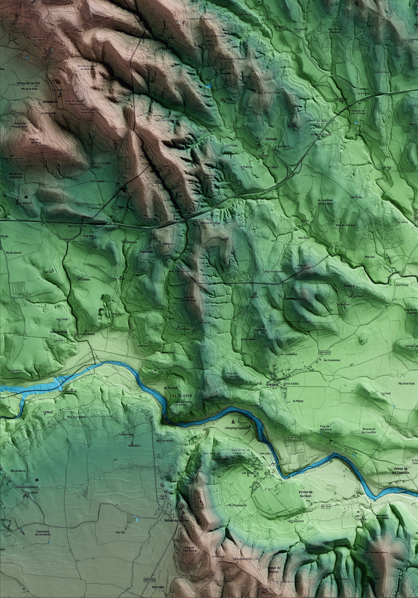 Mapa artístico del relieve de Cabanelles, al Alt Empordà, con 15 km de entorno y base topográfica ICGC. Detalle de la zona inferior izquierda.