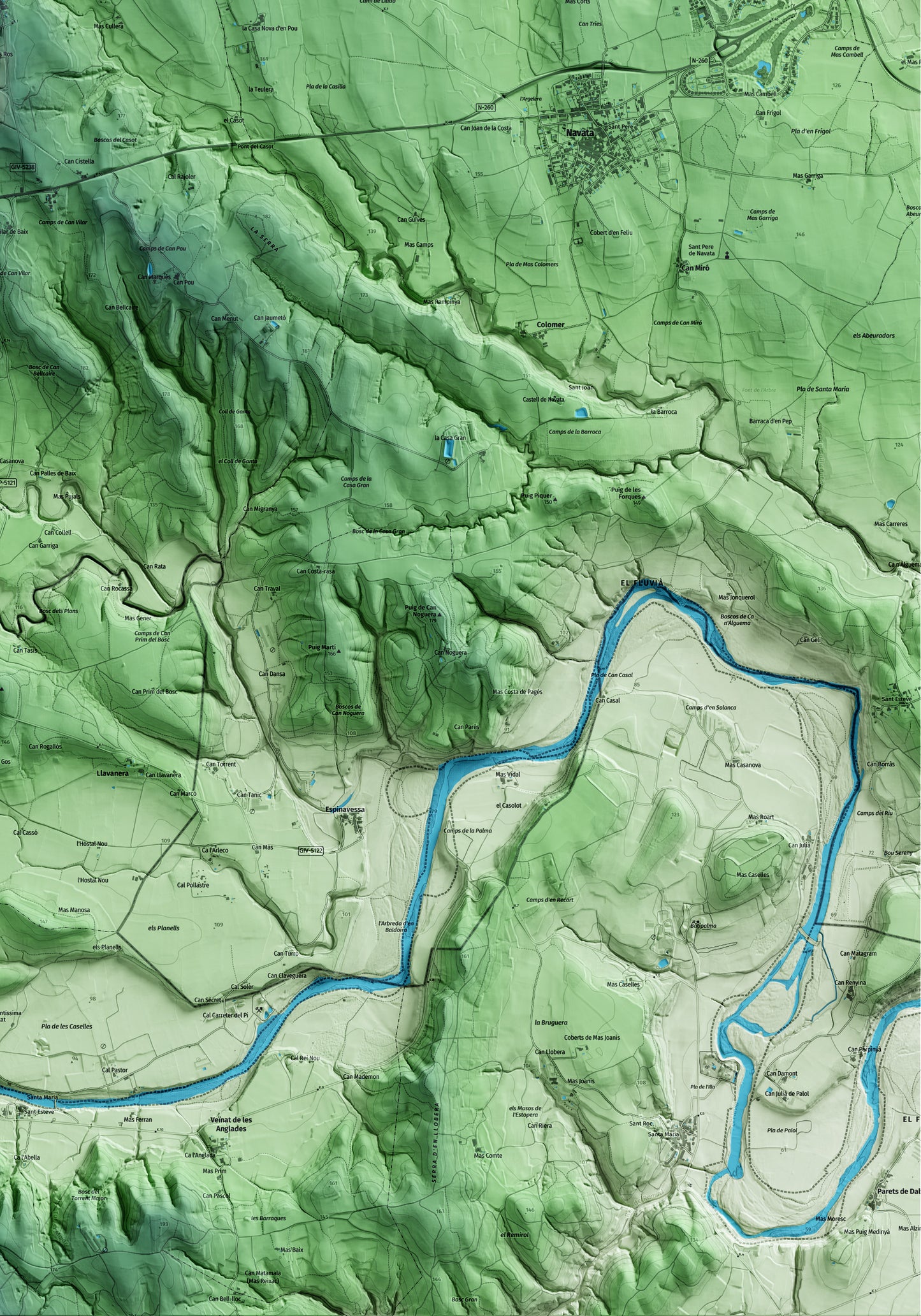 Mapa artístico del relieve de Cabanelles, al Alt Empordà, con 15 km de entorno y base topográfica ICGC. Detalle de la zona inferior derecha.