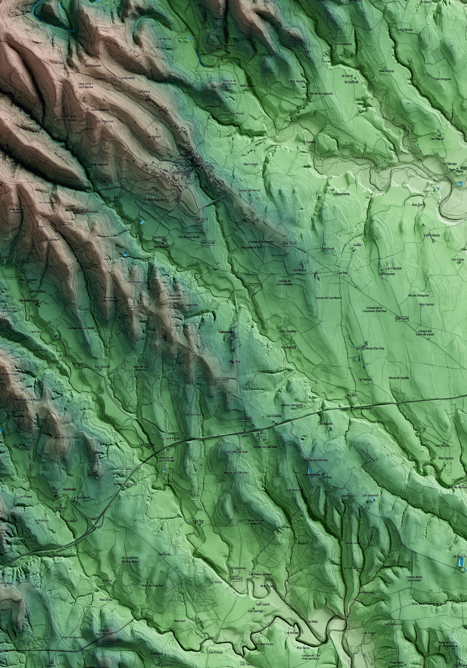 Mapa artístico del relieve de Cabanelles, al Alt Empordà, con 15 km de entorno y base topográfica ICGC. Detalle de la zona central.