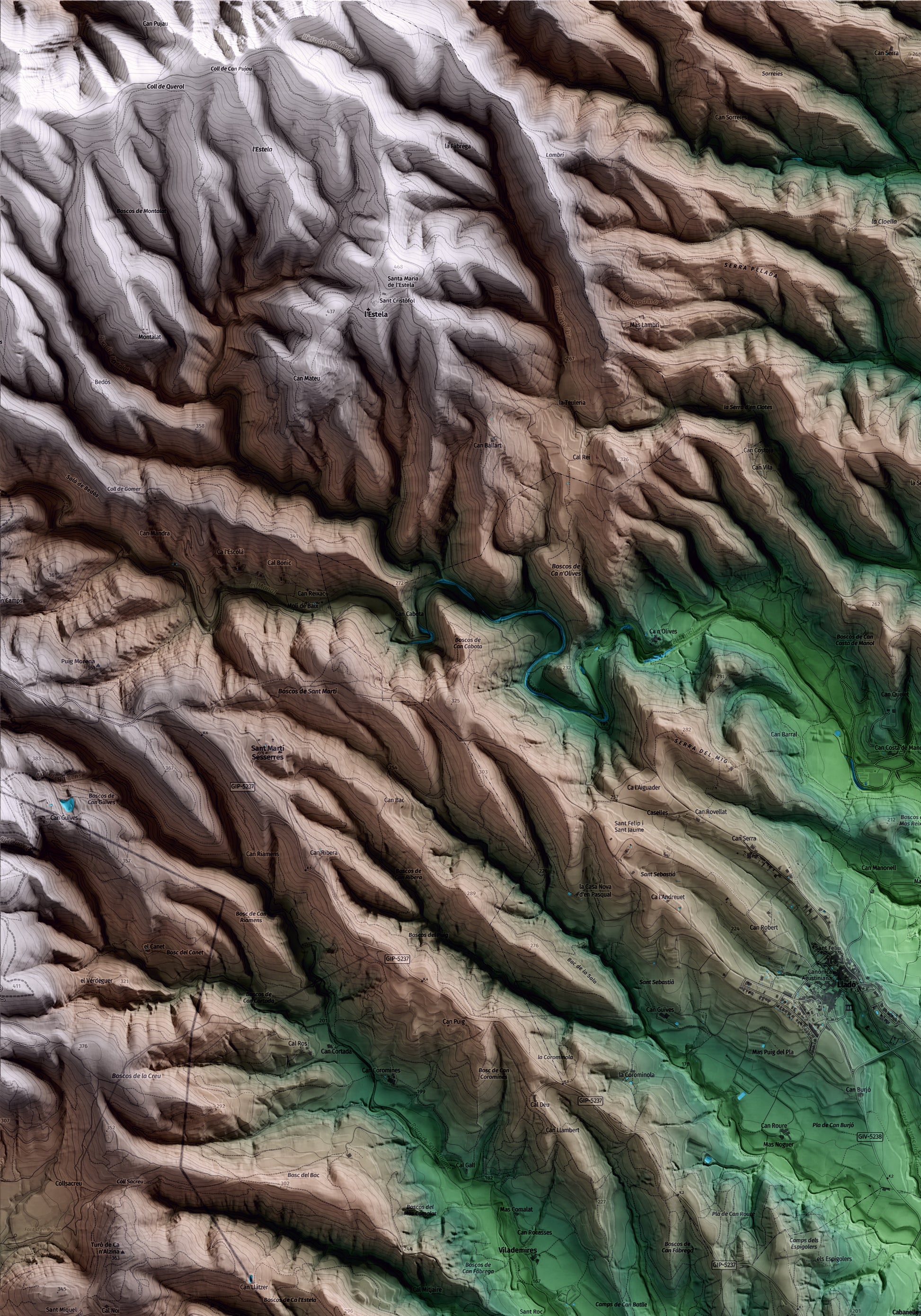 Mapa artístico del relieve de Cabanelles, al Alt Empordà, con 15 km de entorno y base topográfica ICGC. Detalle de la zona superior izquierda.