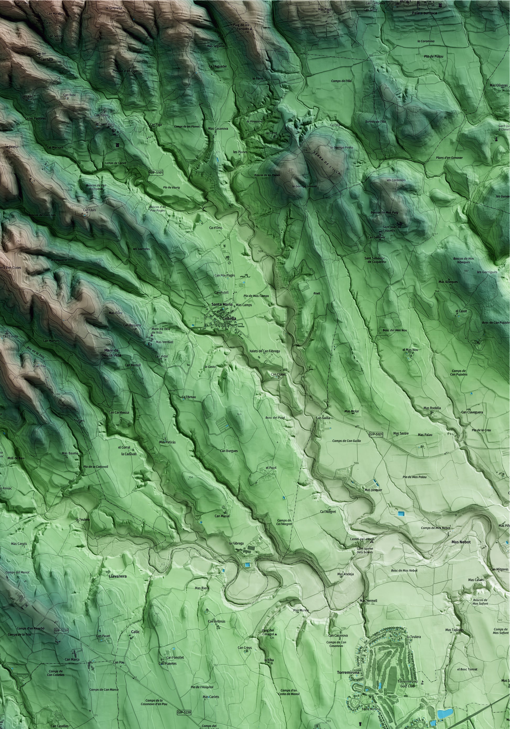 Mapa artístico del relieve de Cabanelles, al Alt Empordà, con 15 km de entorno y base topográfica ICGC. Detalle de la zona superior derecha.