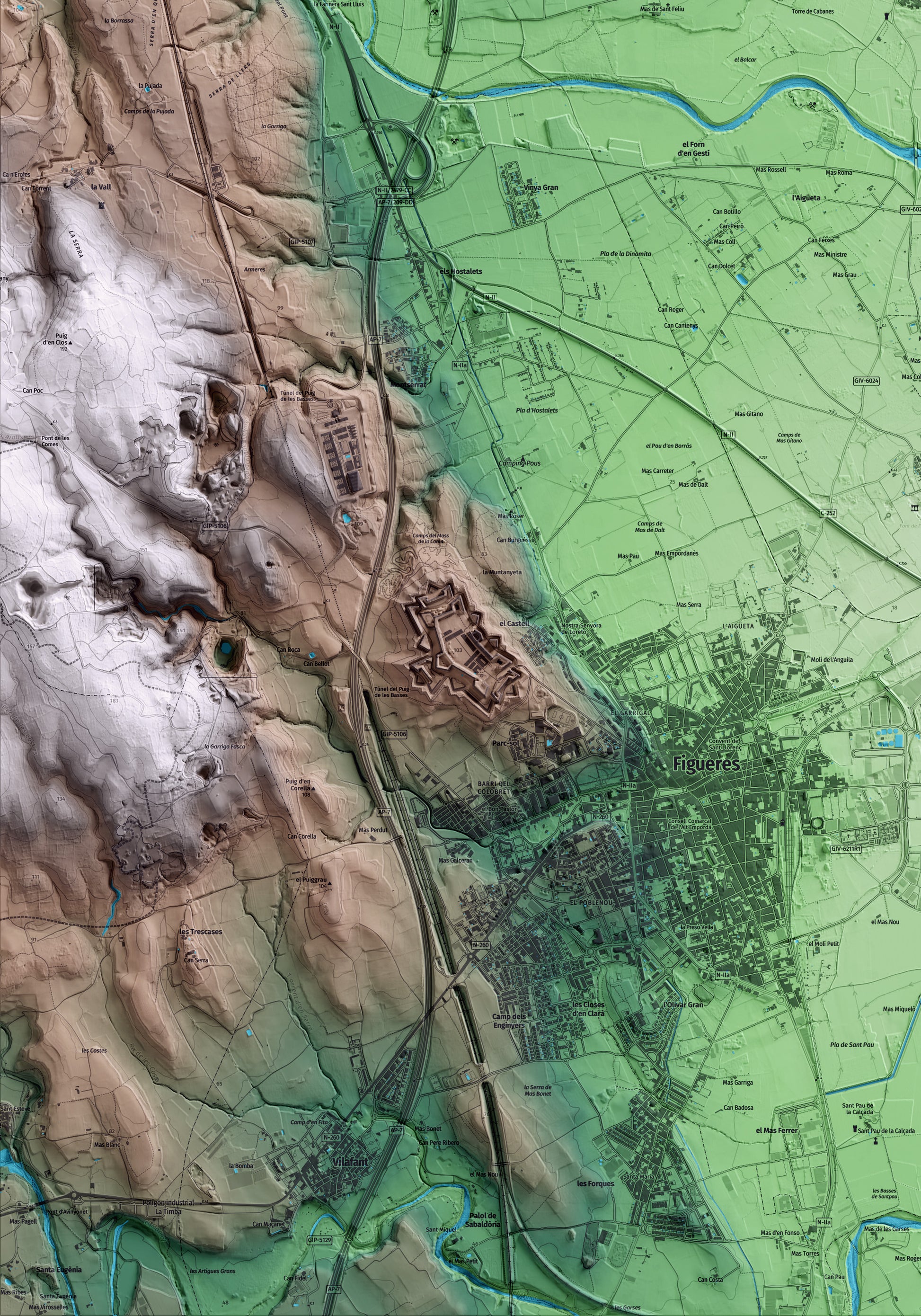 Mapa artístico del relieve de Cabanes, al Alt Empordà, con 15 km de entorno y base topográfica ICGC. Detalle de la zona inferior izquierda.