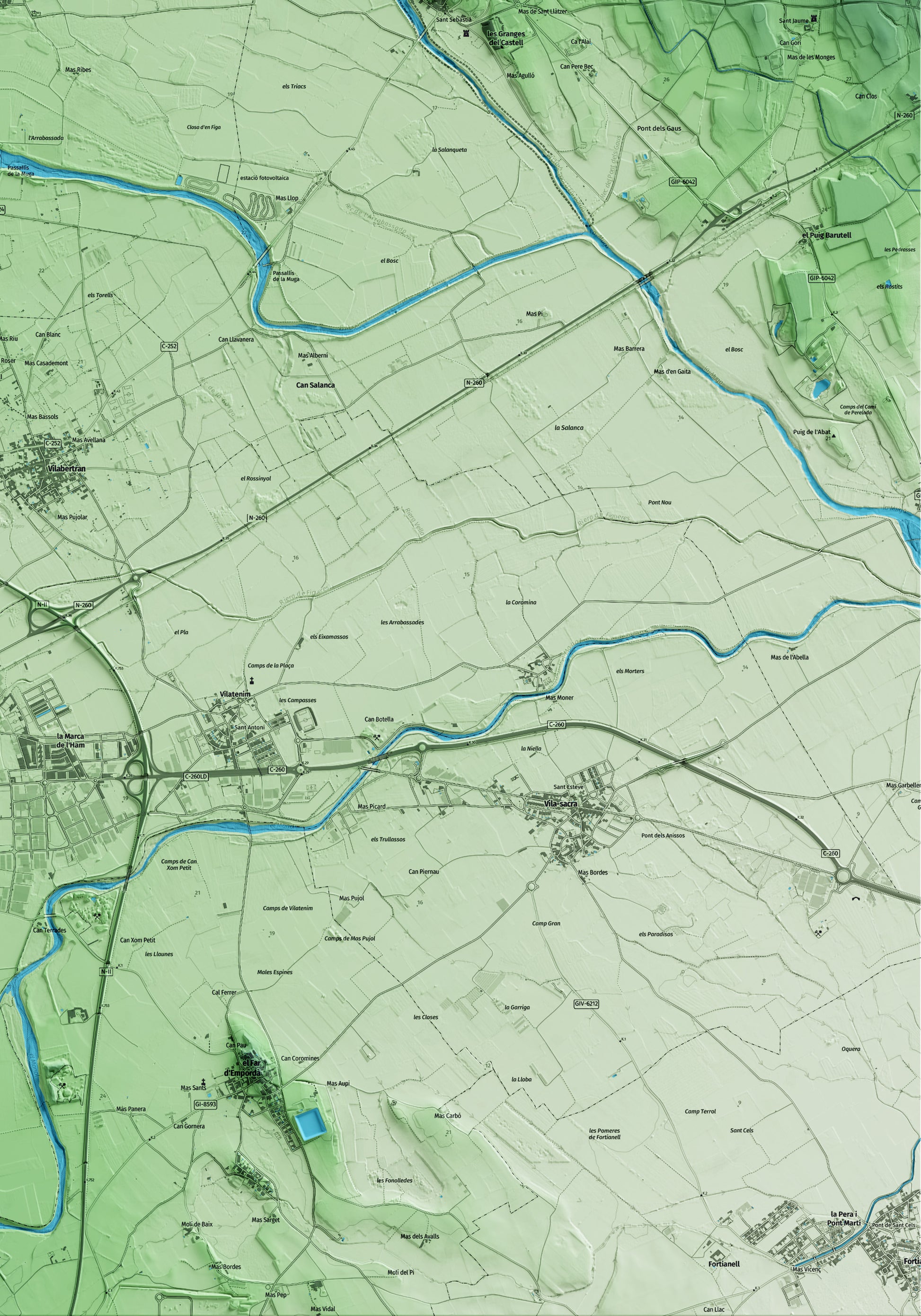 Mapa artístico del relieve de Cabanes, al Alt Empordà, con 15 km de entorno y base topográfica ICGC. Detalle de la zona inferior derecha.
