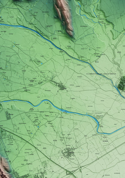 Mapa artístico del relieve de Cabanes, al Alt Empordà, con 15 km de entorno y base topográfica ICGC. Detalle de la zona central.