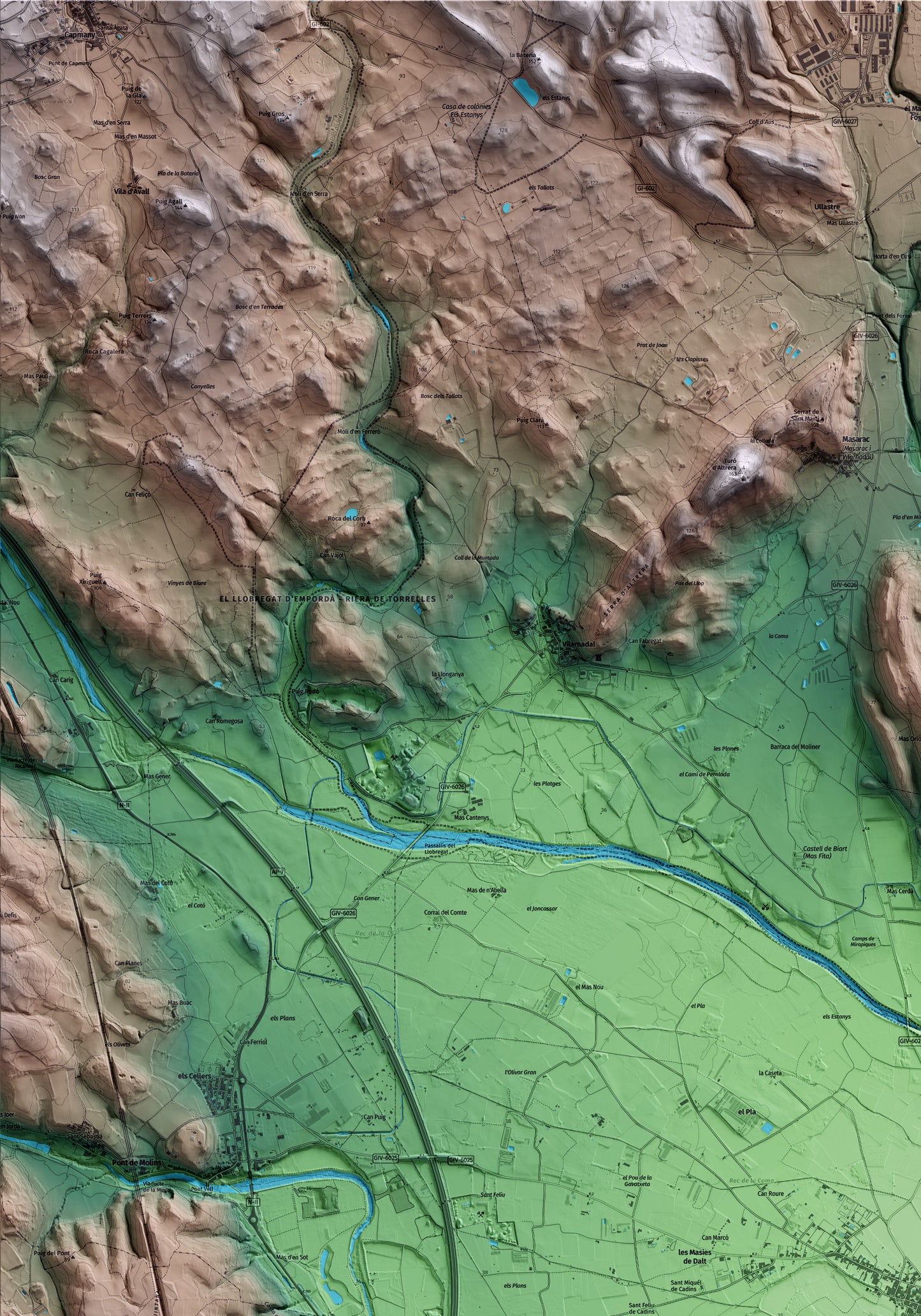 Mapa artístico del relieve de Cabanes, al Alt Empordà, con 15 km de entorno y base topográfica ICGC. Detalle de la zona superior izquierda.