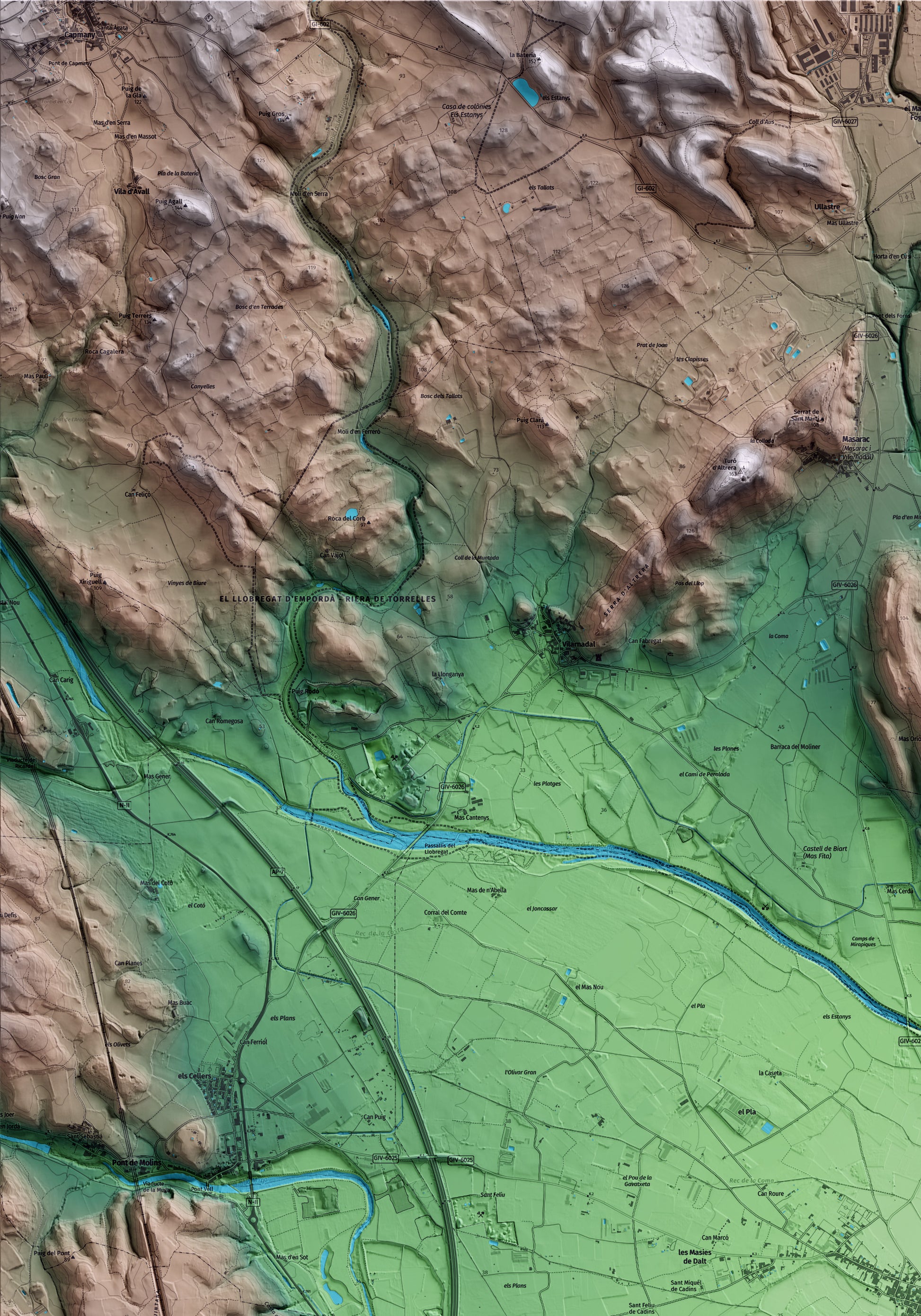 Mapa artístico del relieve de Cabanes, al Alt Empordà, con 15 km de entorno y base topográfica ICGC. Detalle de la zona superior izquierda.