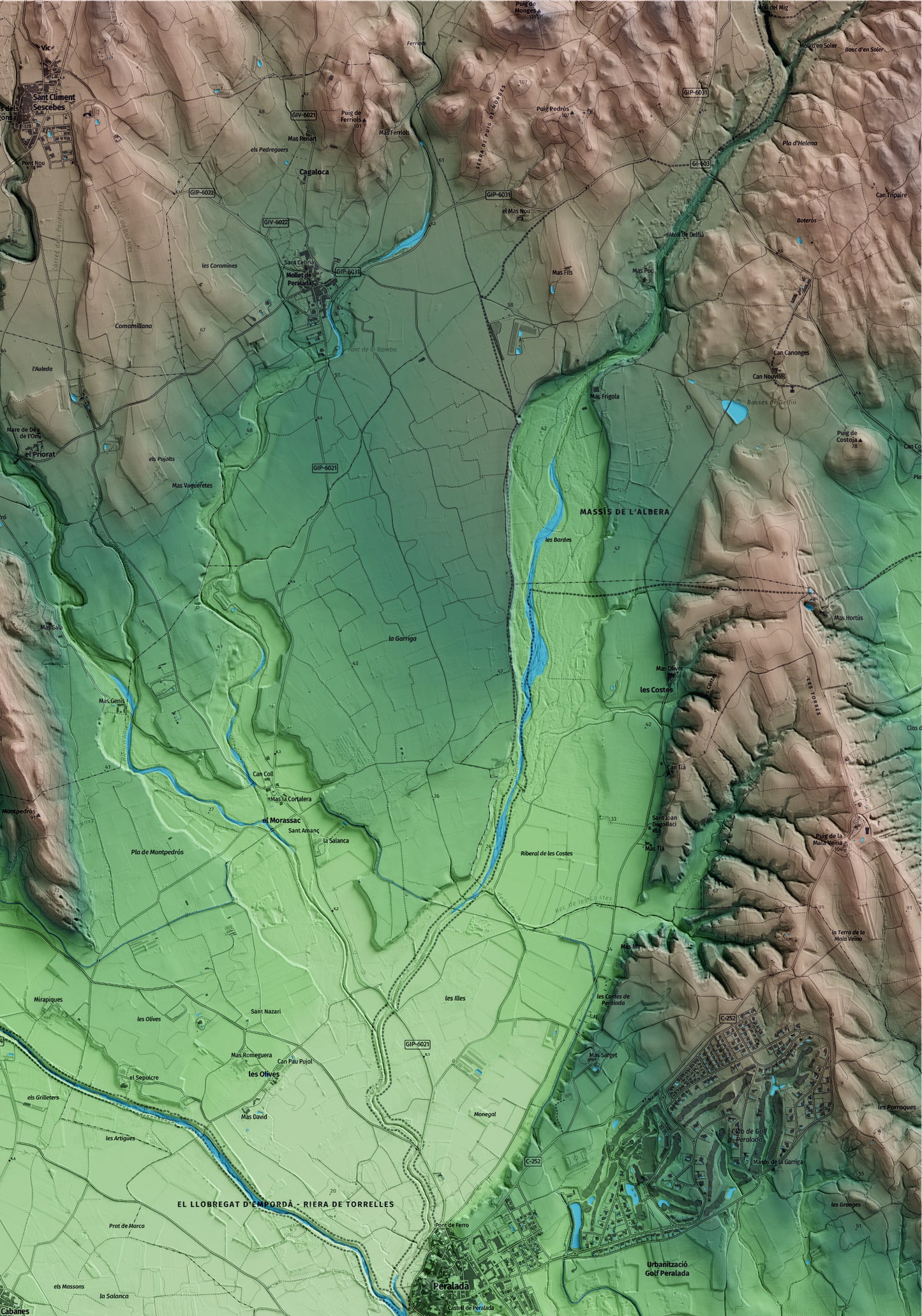 Mapa artístico del relieve de Cabanes, al Alt Empordà, con 15 km de entorno y base topográfica ICGC. Detalle de la zona superior derecha.