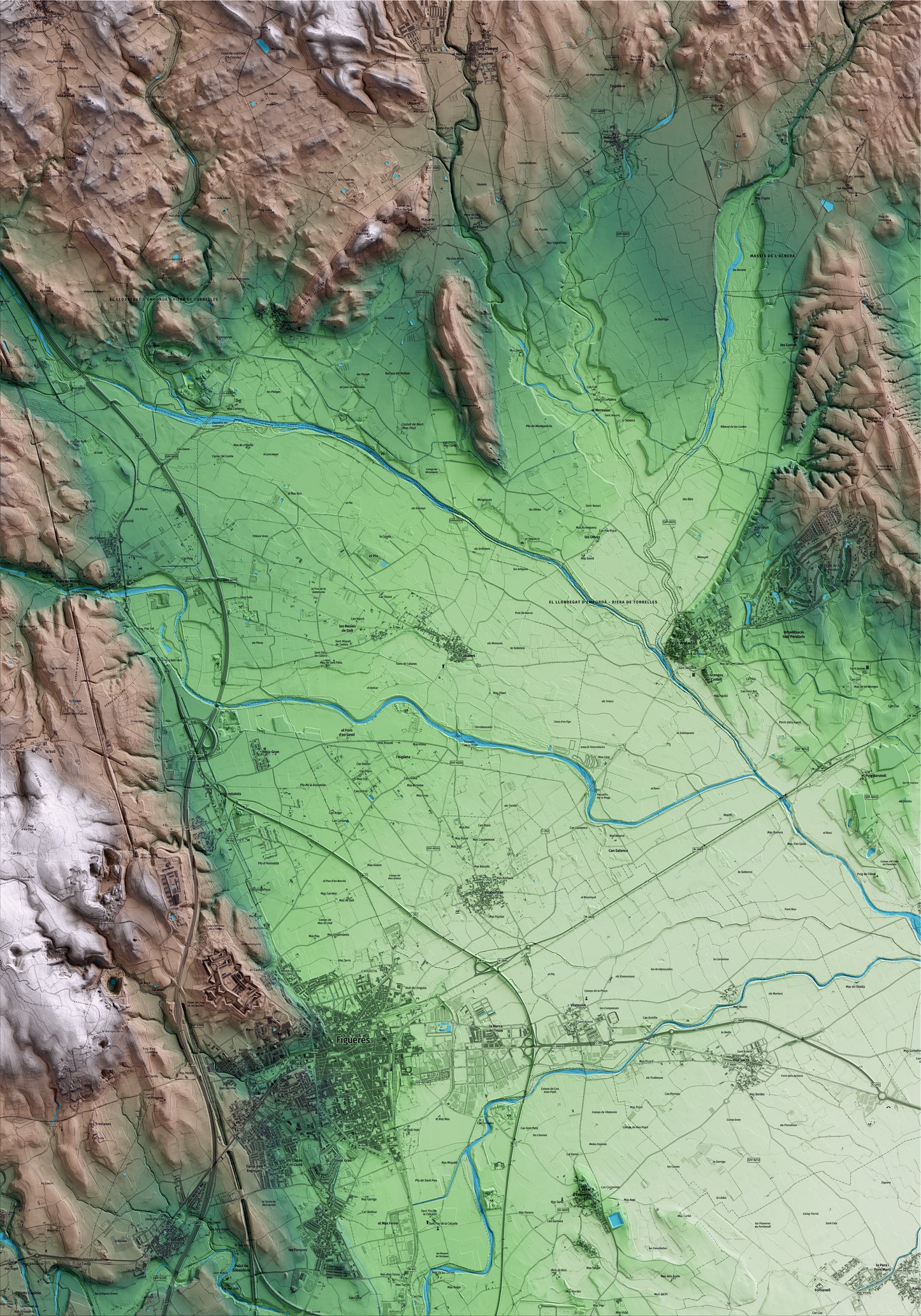 Mapa artístico del relieve de Cabanes, al Alt Empordà, con 15 km de entorno y base topográfica ICGC