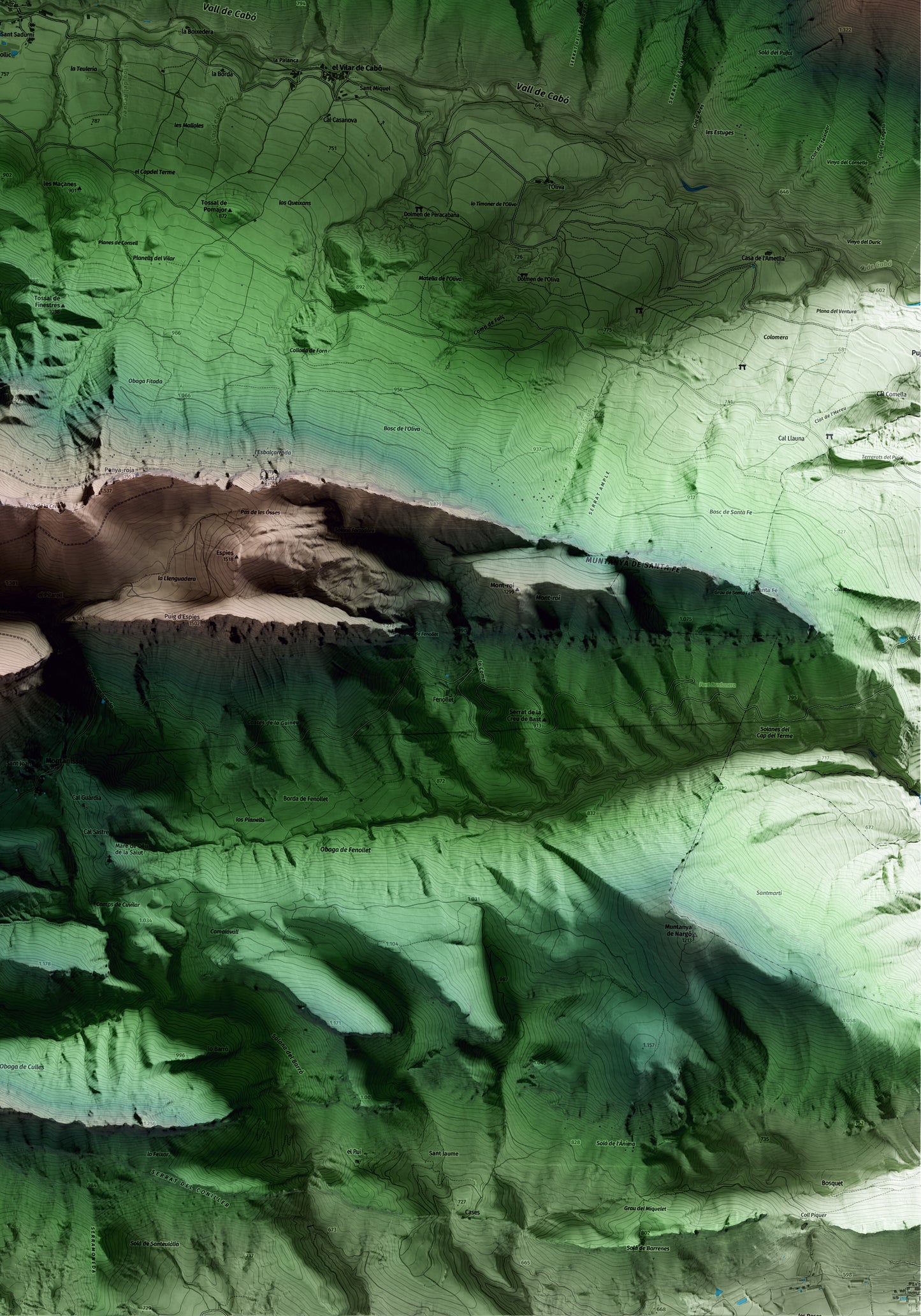 Mapa artístico del relieve de Cabó, al Alt Urgell, con 15 km de entorno y base topográfica ICGC. Detalle de la zona inferior derecha.