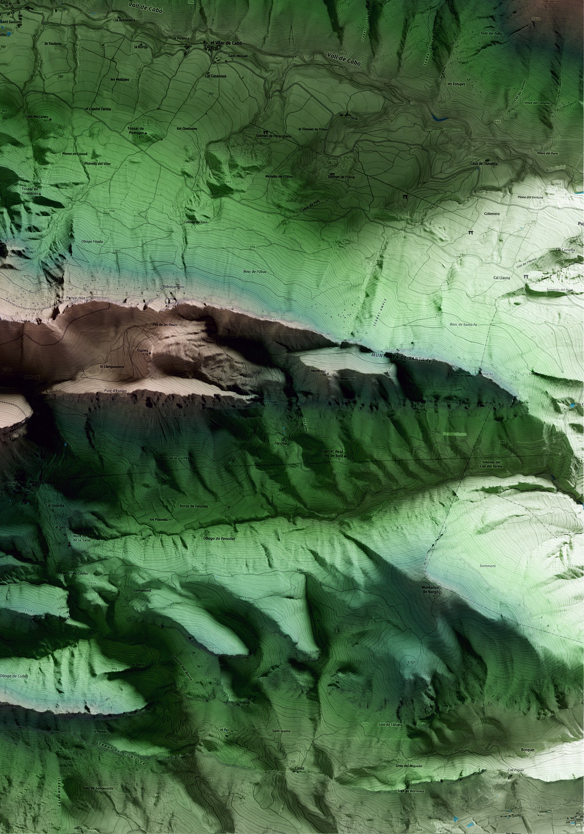 Mapa artístico del relieve de Cabó, al Alt Urgell, con 15 km de entorno y base topográfica ICGC. Detalle de la zona inferior derecha.