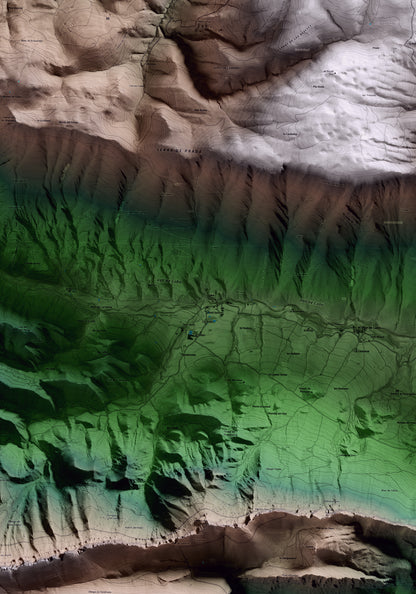 Mapa artístico del relieve de Cabó, al Alt Urgell, con 15 km de entorno y base topográfica ICGC. Detalle de la zona central.